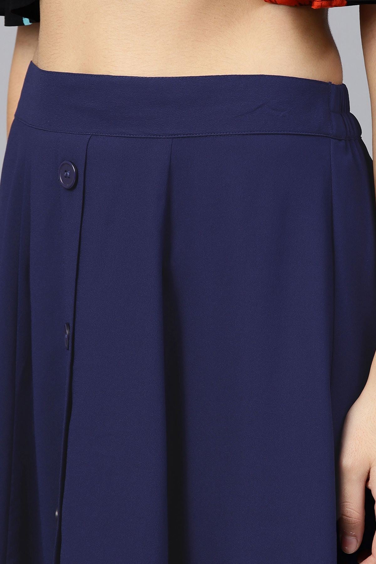 Women's Navy Front Button Flared Midi Skirt - SASSAFRAS