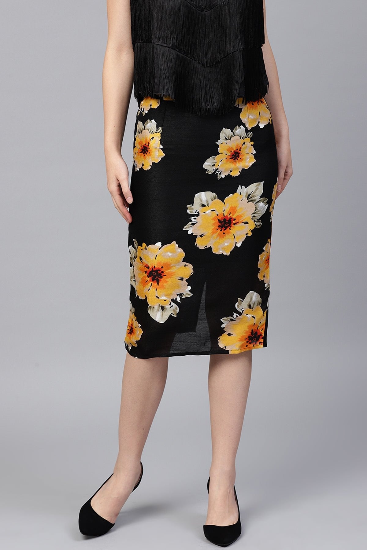 Women's Black Floral Silk Pencil Skirt - SASSAFRAS