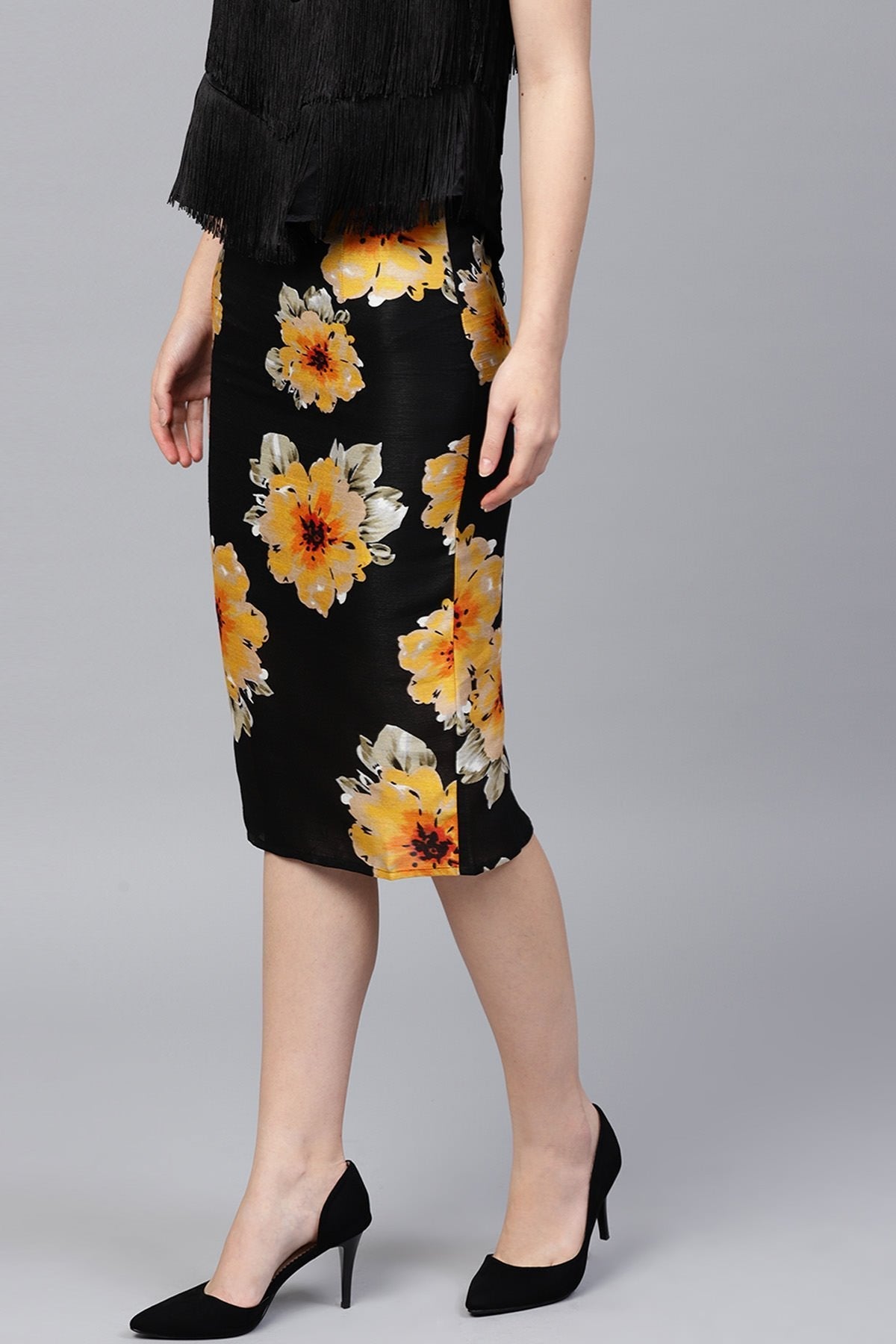 Women's Black Floral Silk Pencil Skirt - SASSAFRAS