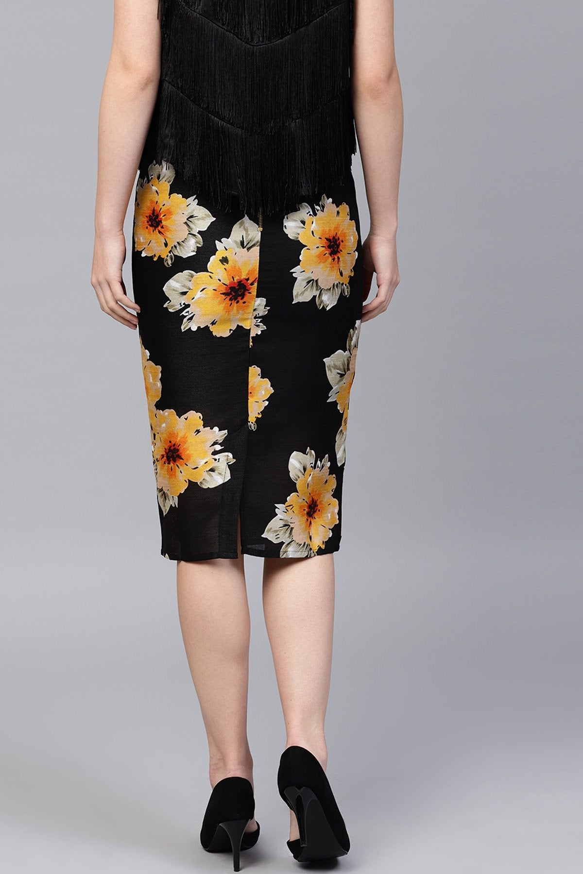 Women's Black Floral Silk Pencil Skirt - SASSAFRAS