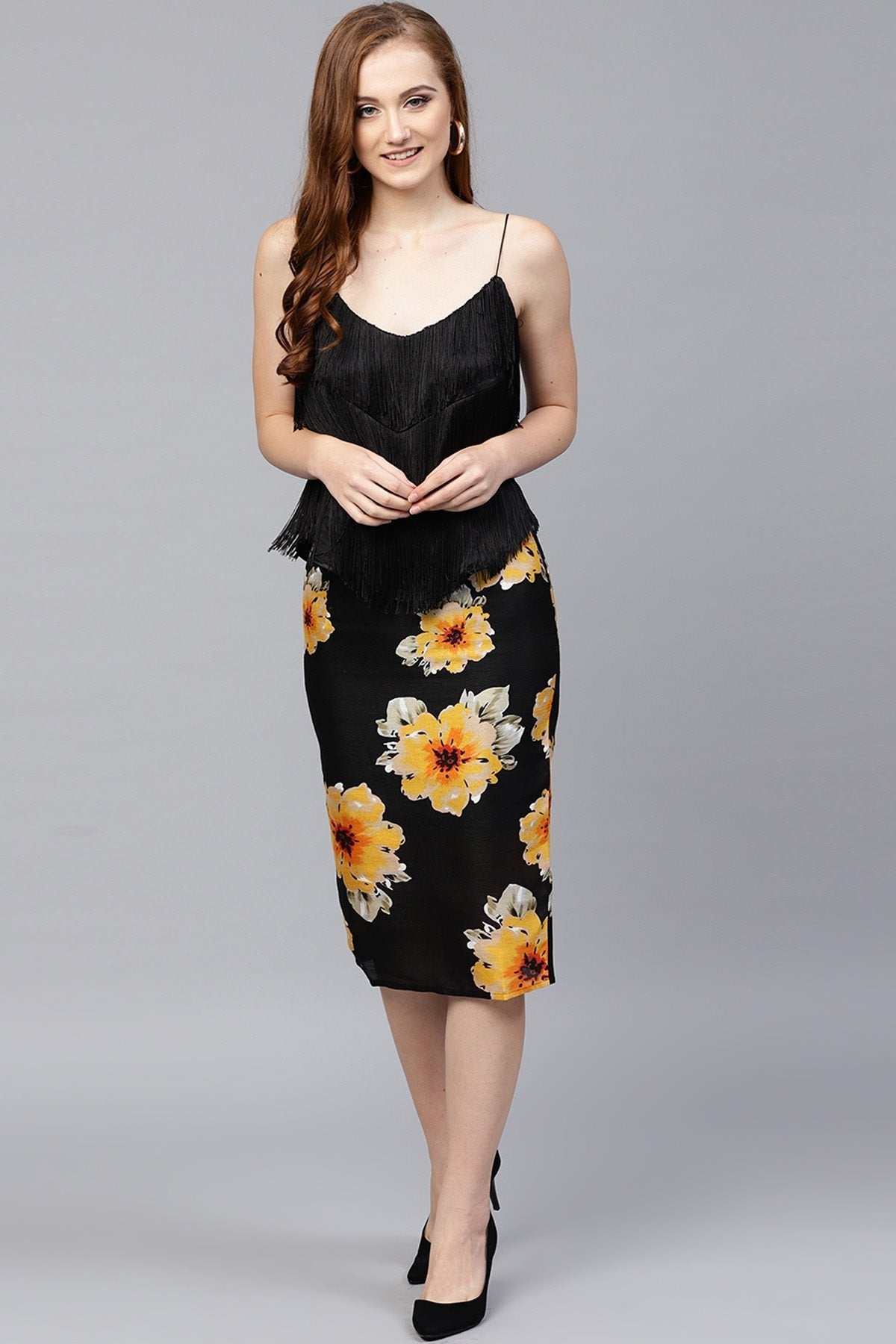 Women's Black Floral Silk Pencil Skirt - SASSAFRAS