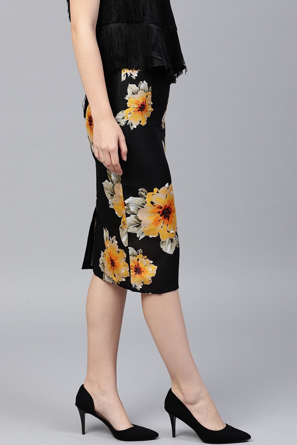 Women's Black Floral Silk Pencil Skirt - SASSAFRAS