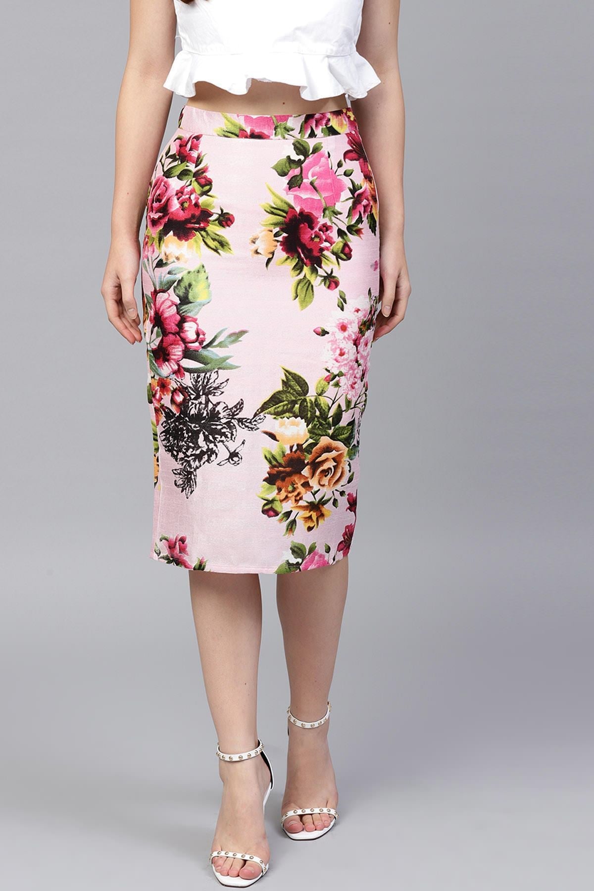 Women's Pink Floral Silk Pencil Skirt - SASSAFRAS