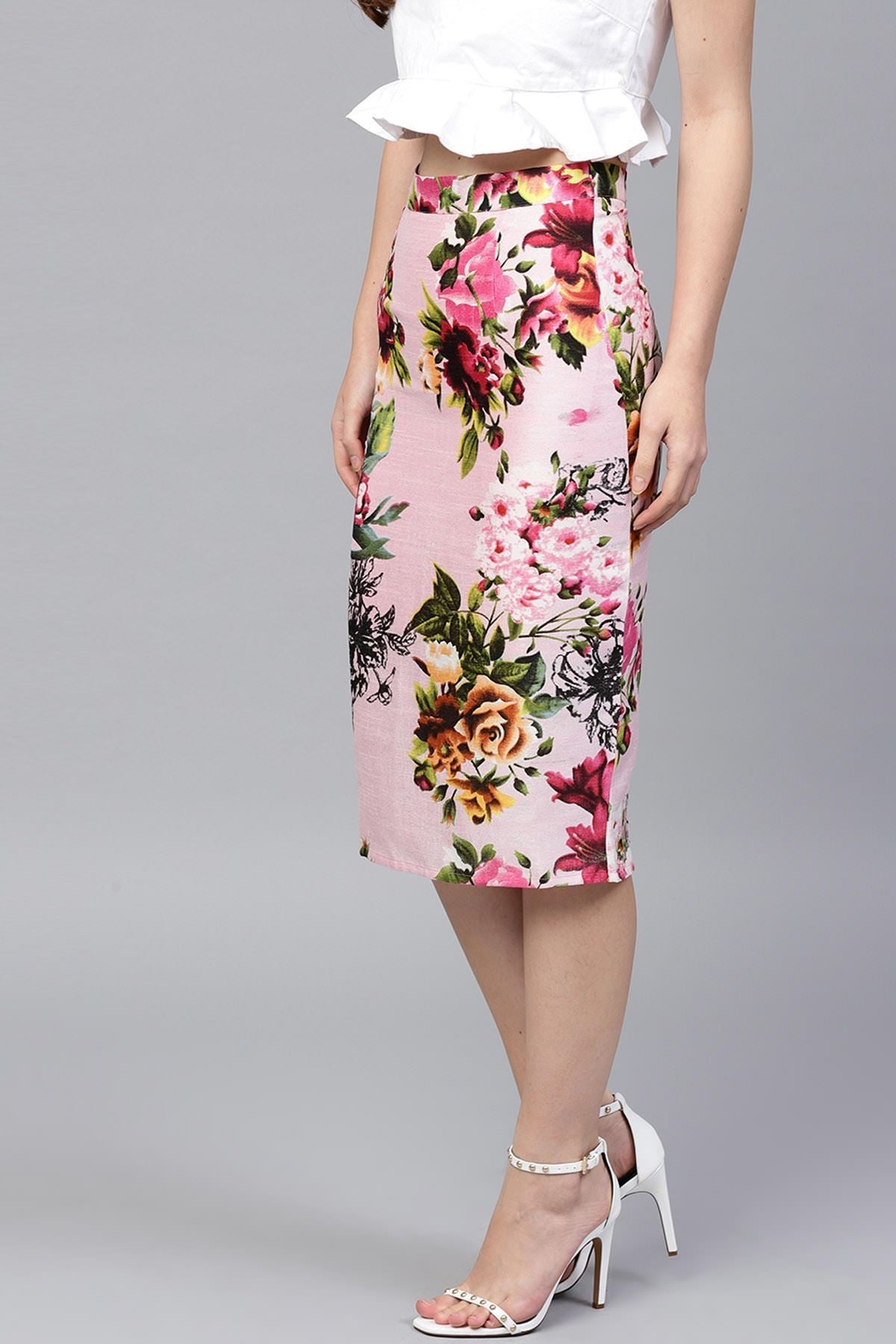 Women's Pink Floral Silk Pencil Skirt - SASSAFRAS