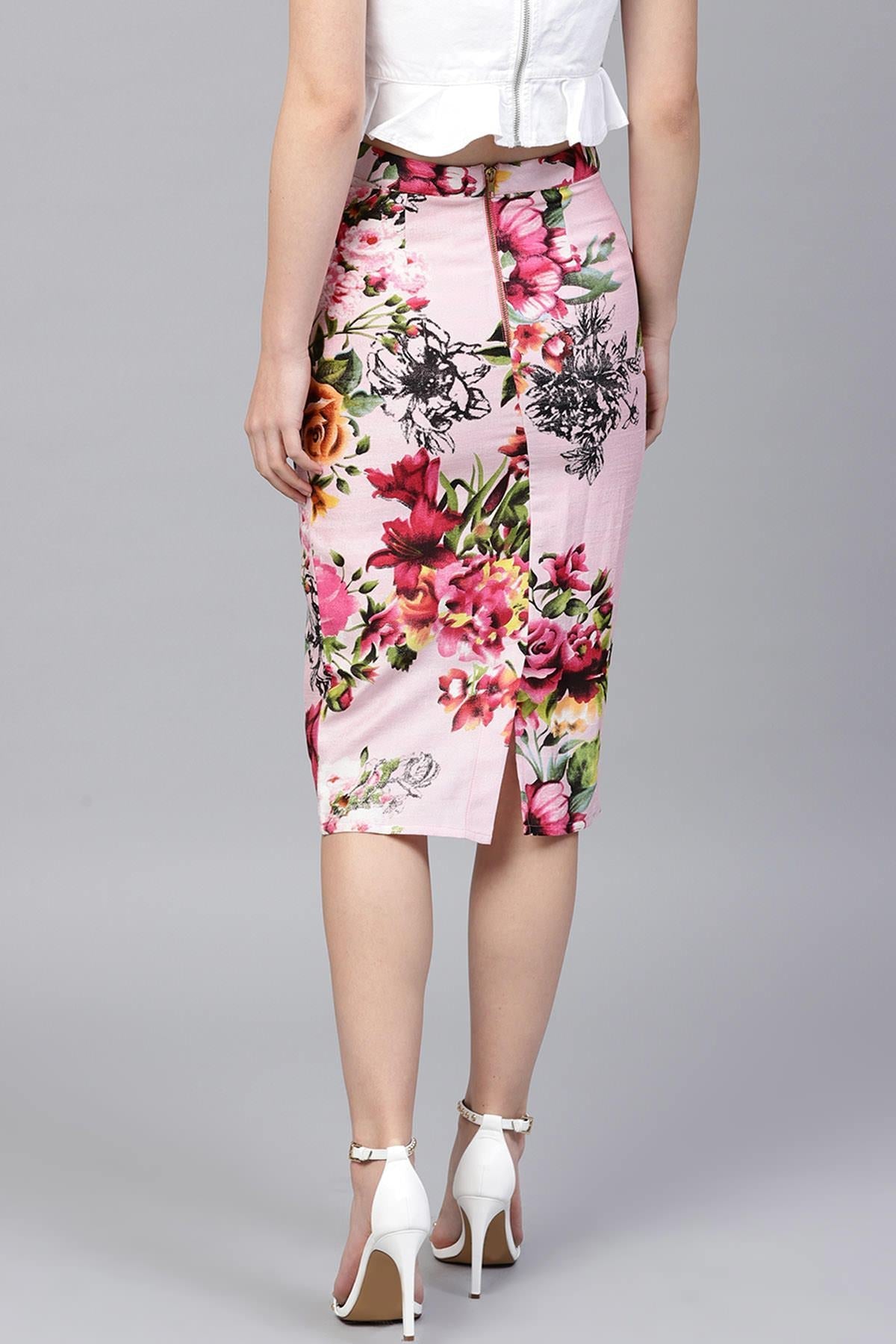 Women's Pink Floral Silk Pencil Skirt - SASSAFRAS