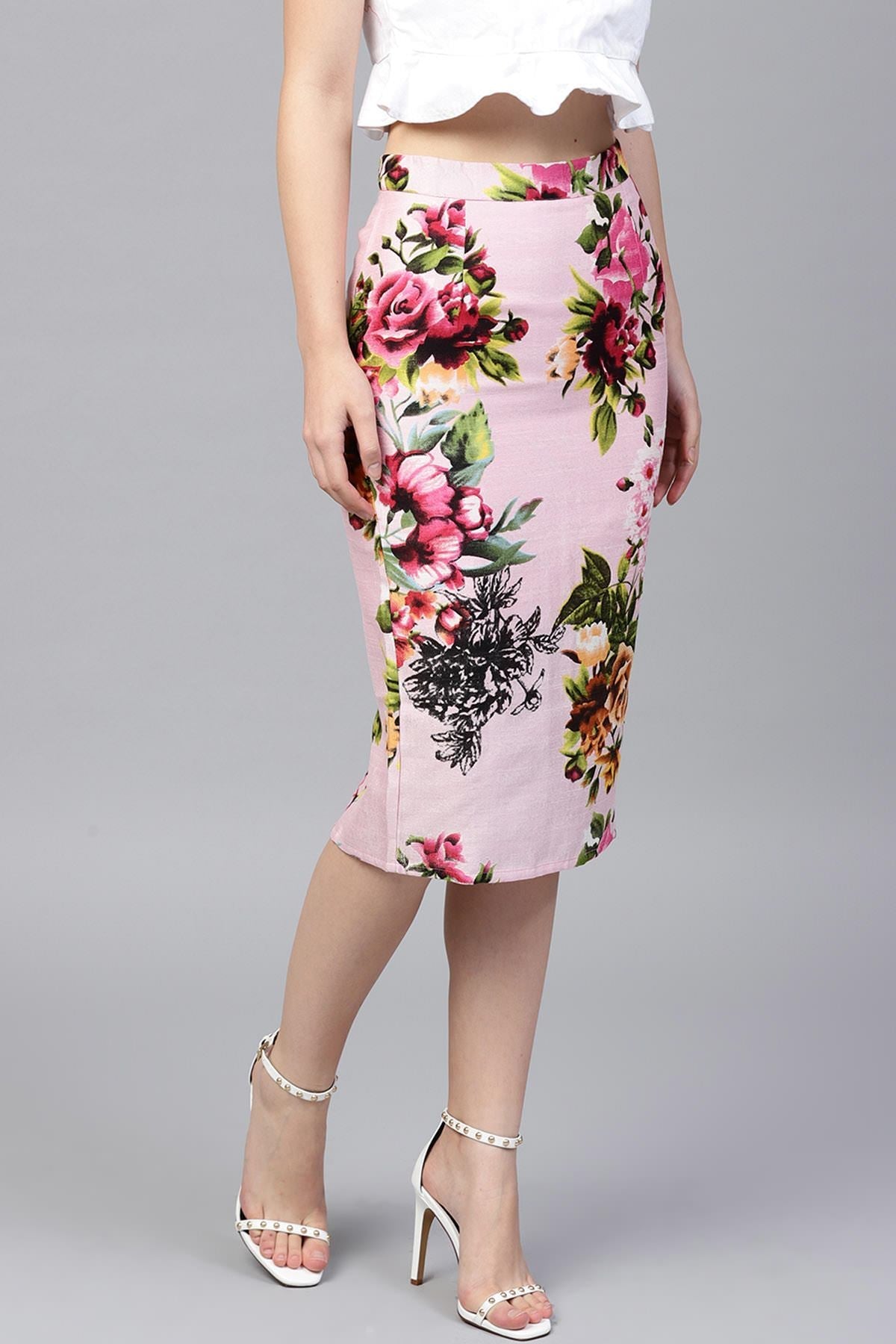 Women's Pink Floral Silk Pencil Skirt - SASSAFRAS