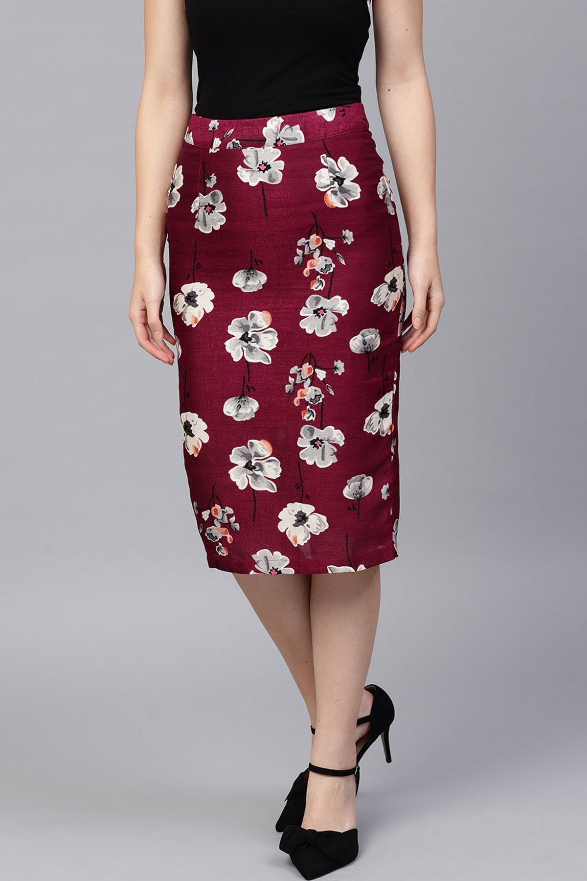 Women's Burgundy Floral Silk Pencil Skirt - SASSAFRAS