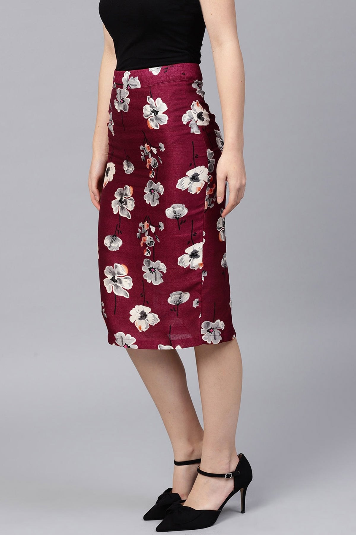 Women's Burgundy Floral Silk Pencil Skirt - SASSAFRAS