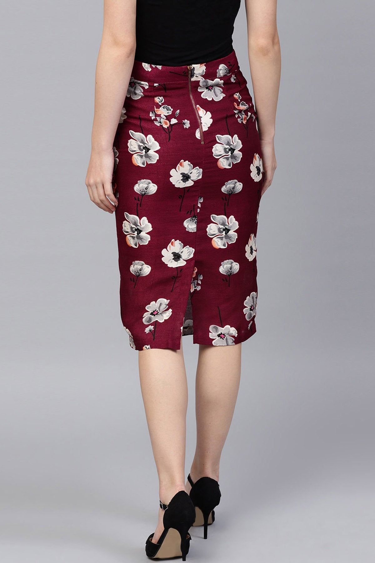 Women's Burgundy Floral Silk Pencil Skirt - SASSAFRAS