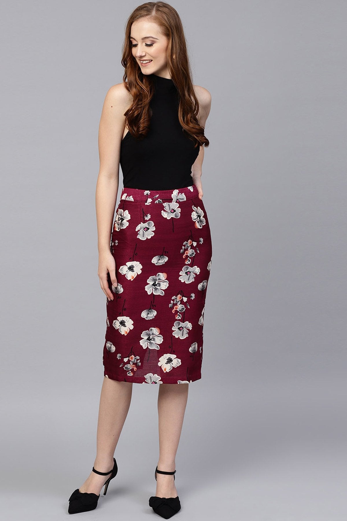 Women's Burgundy Floral Silk Pencil Skirt - SASSAFRAS