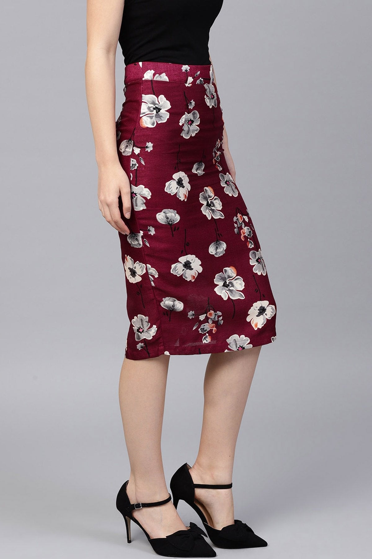 Women's Burgundy Floral Silk Pencil Skirt - SASSAFRAS