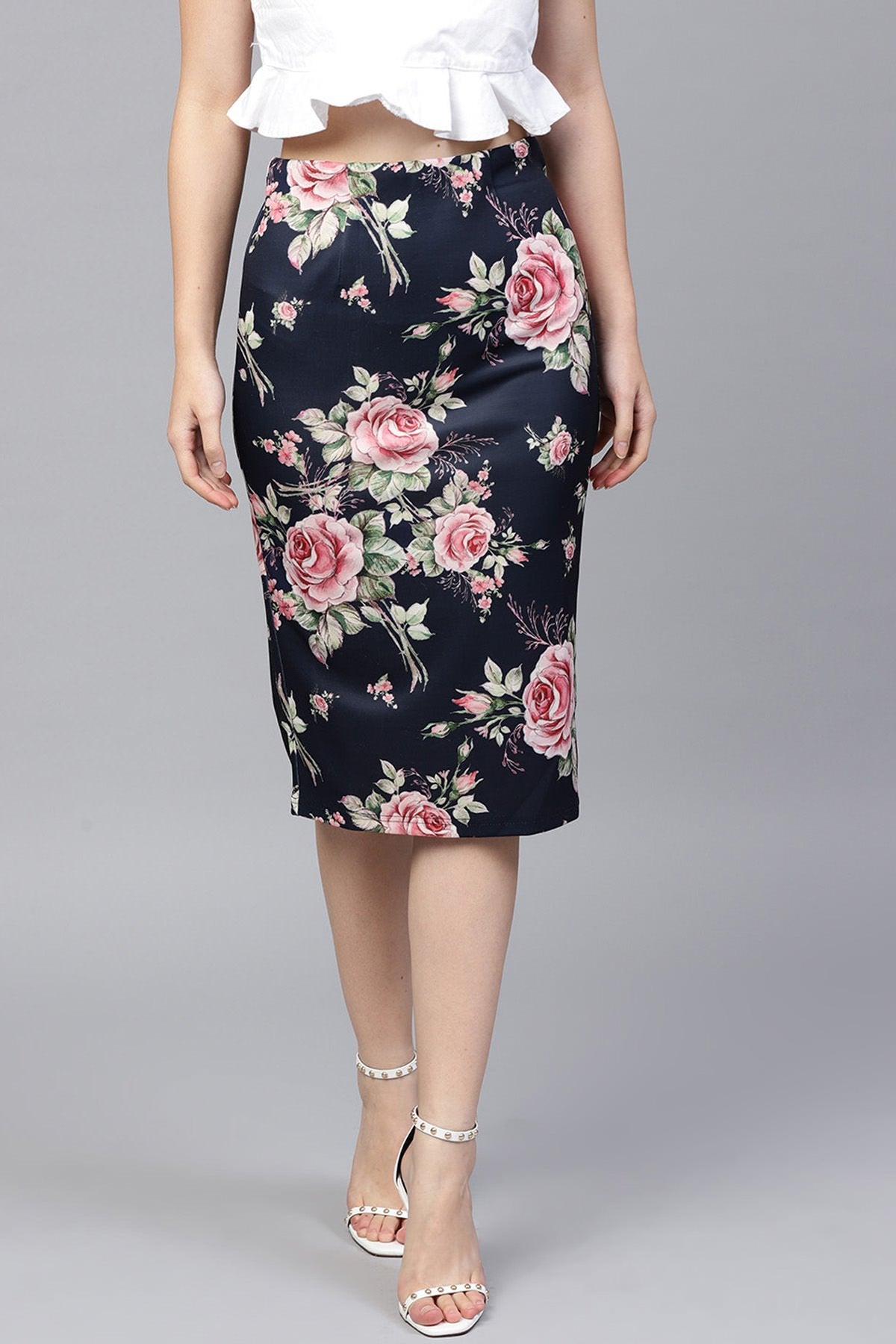 Women's Blue Floral Scuba Pencil Skirt - SASSAFRAS