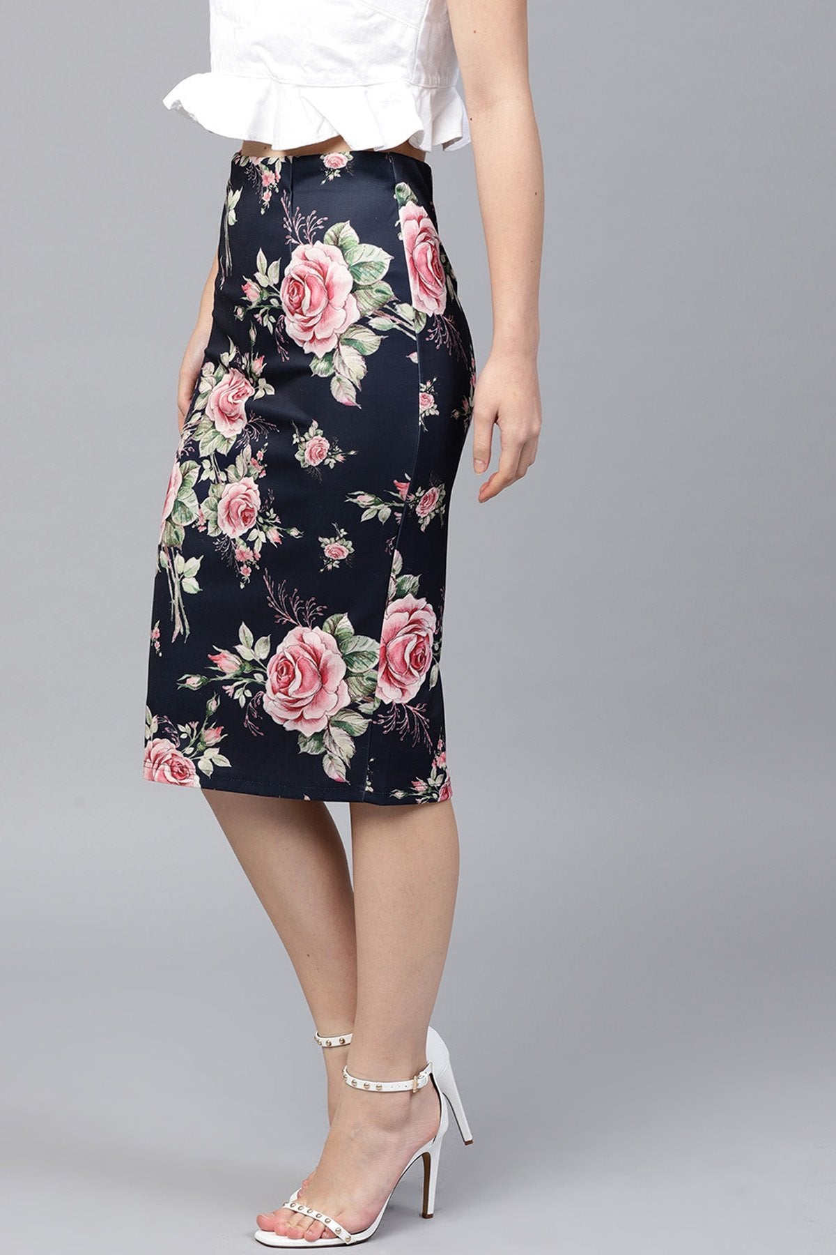 Women's Blue Floral Scuba Pencil Skirt - SASSAFRAS