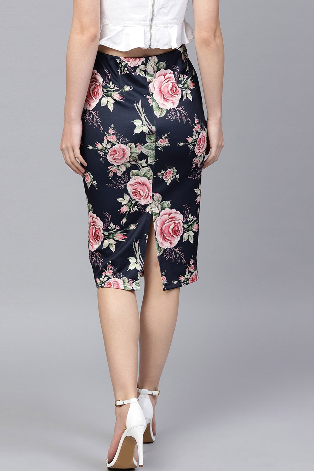 Women's Blue Floral Scuba Pencil Skirt - SASSAFRAS