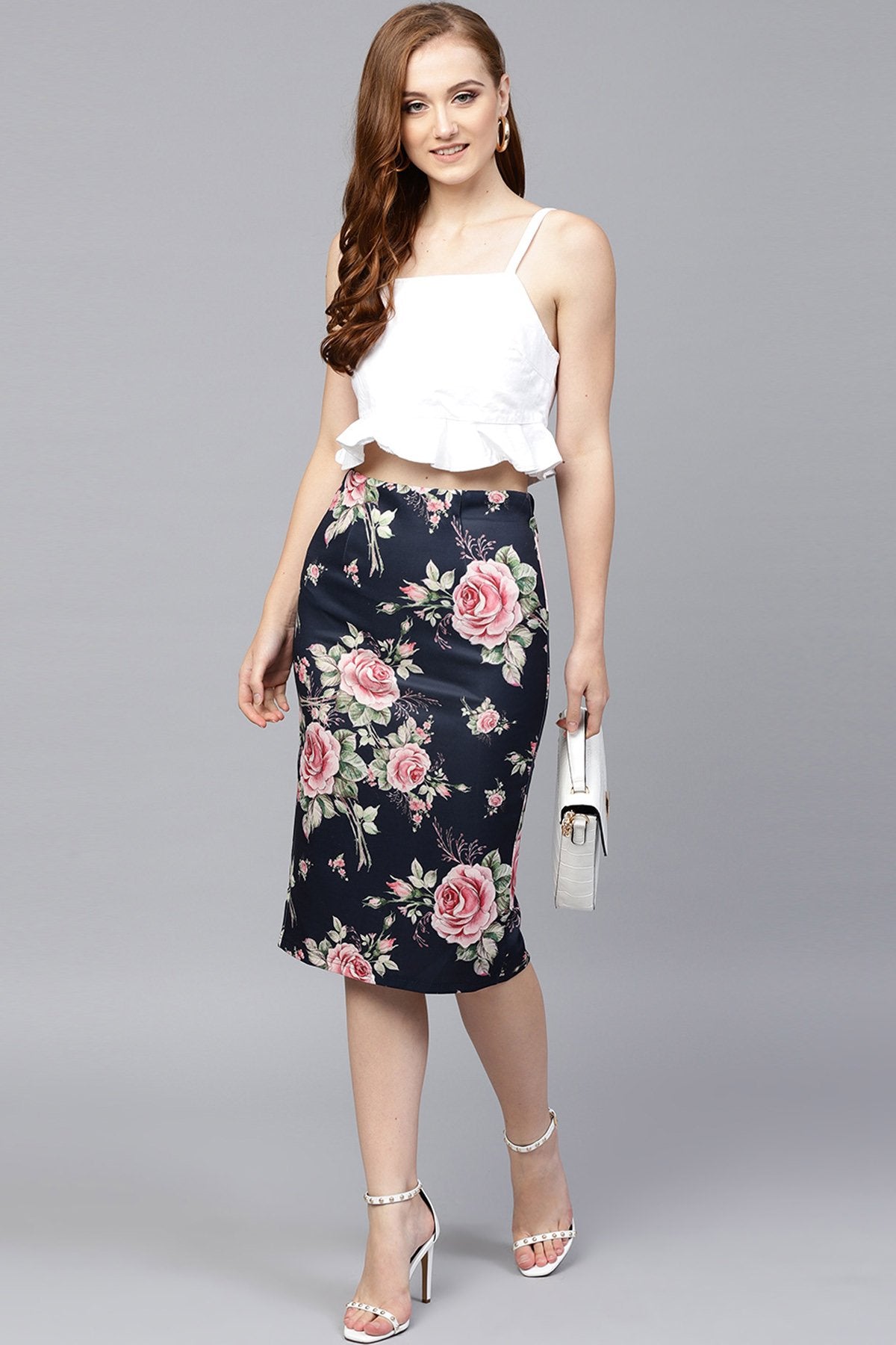 Women's Blue Floral Scuba Pencil Skirt - SASSAFRAS