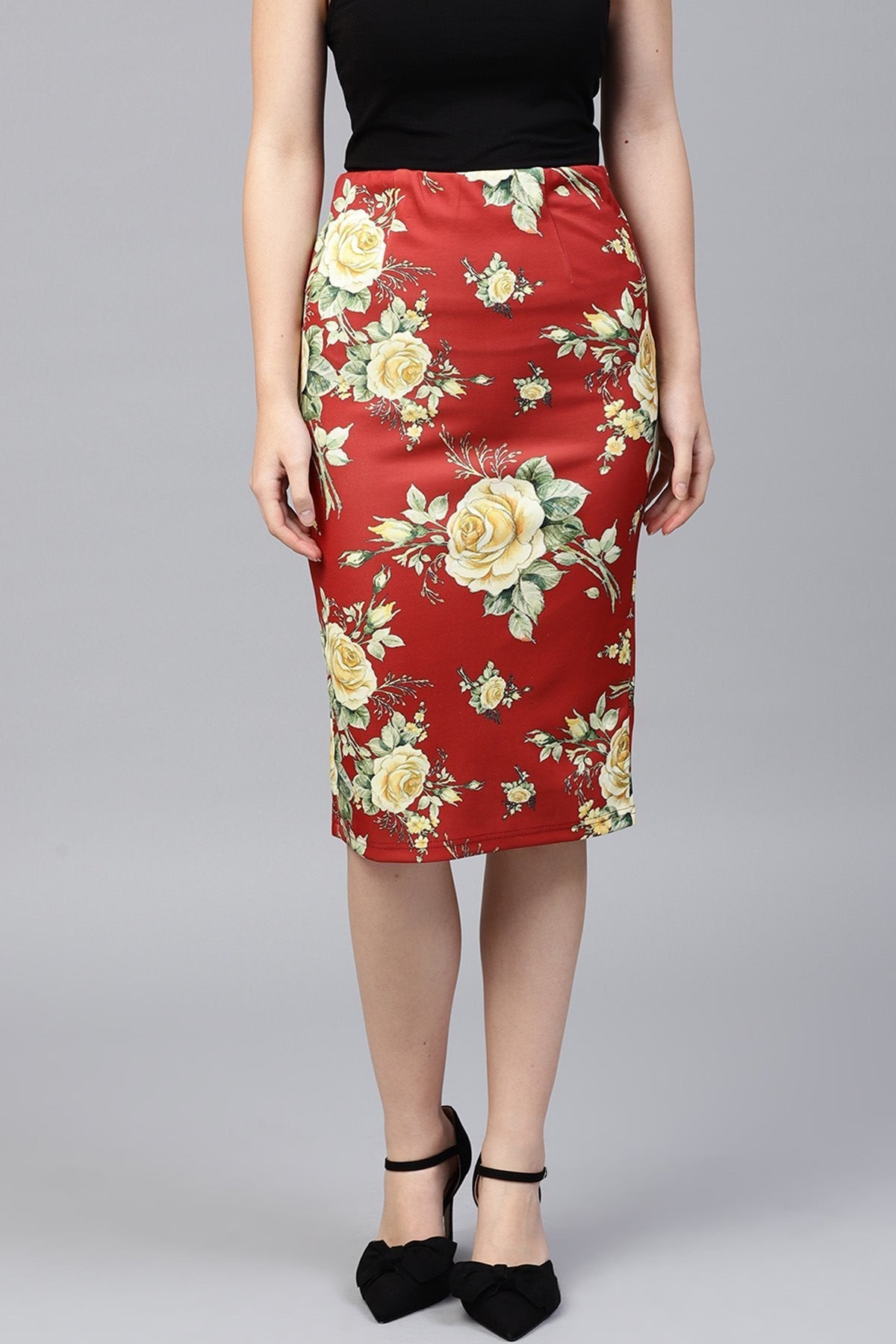 Women's Red Floral Scuba Pencil Skirt - SASSAFRAS