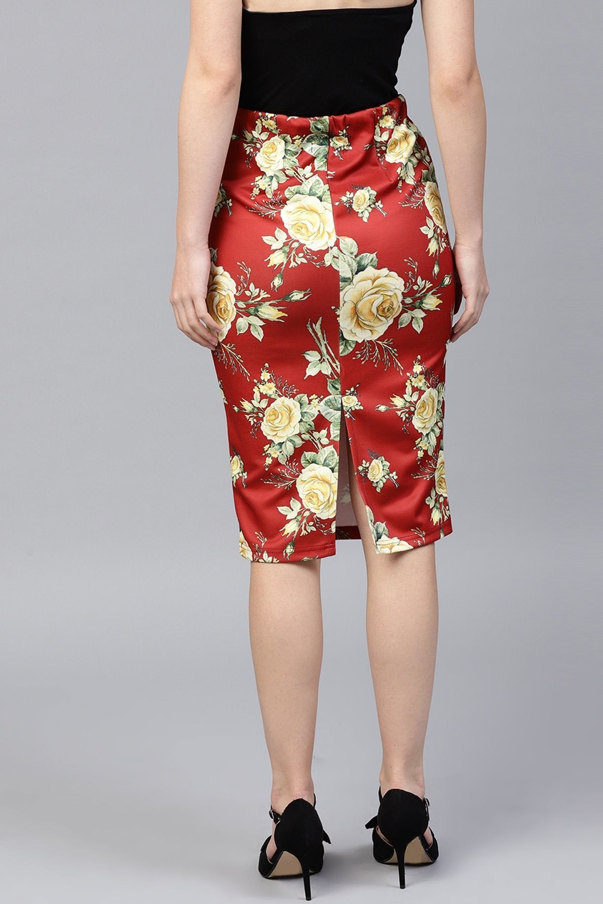 Women's Red Floral Scuba Pencil Skirt - SASSAFRAS