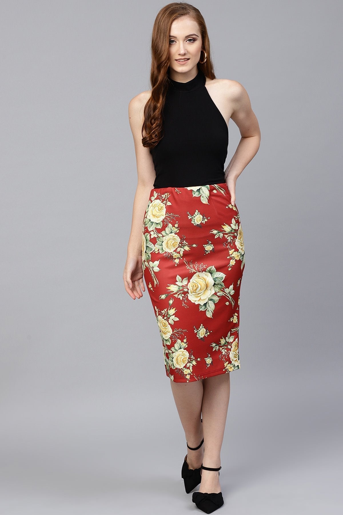 Women's Red Floral Scuba Pencil Skirt - SASSAFRAS