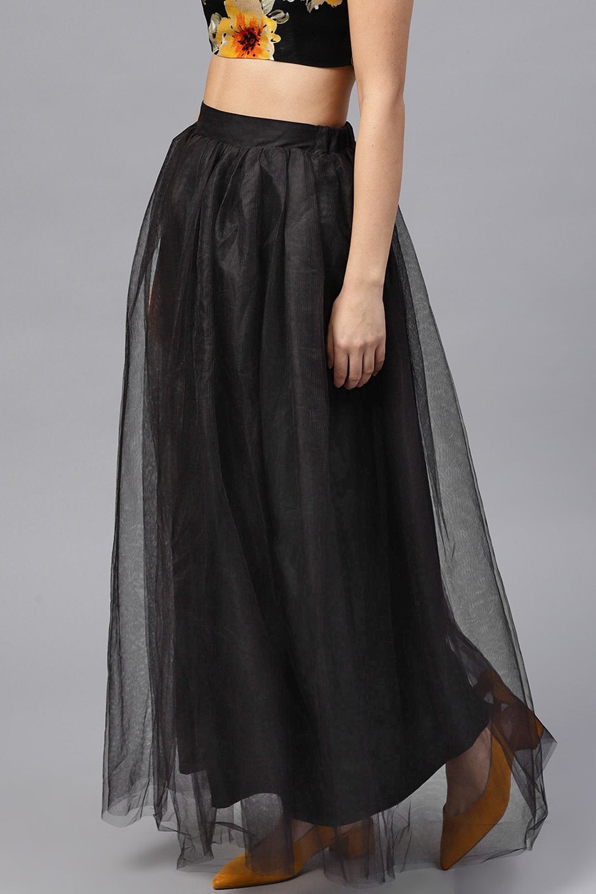 Women's Black Mesh Flared Maxi Skirt - SASSAFRAS