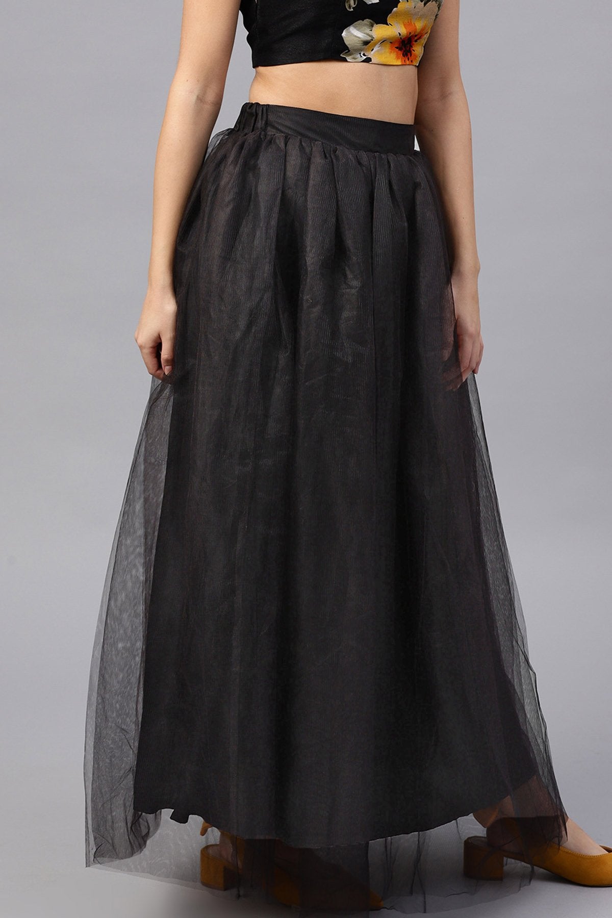 Women's Black Mesh Flared Maxi Skirt - SASSAFRAS