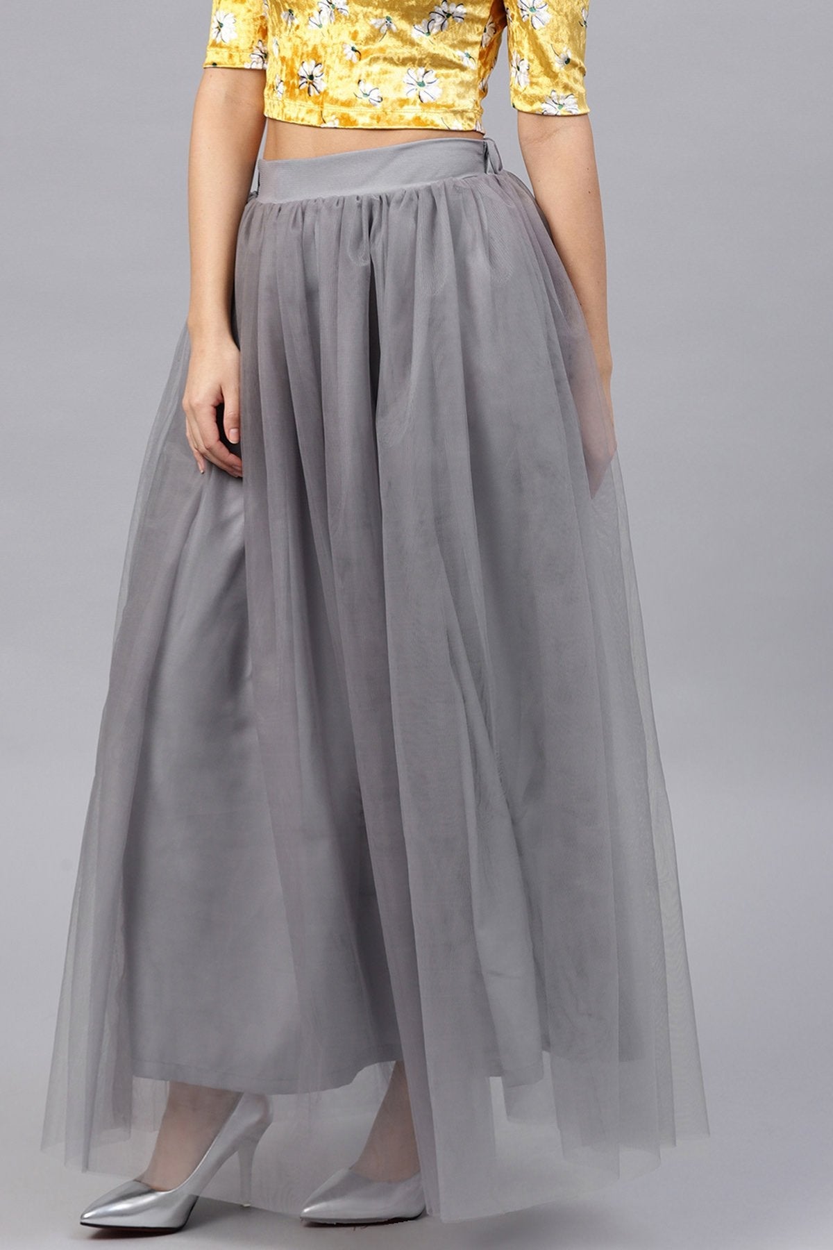 Women's Grey Mesh Flared Maxi Skirt - SASSAFRAS