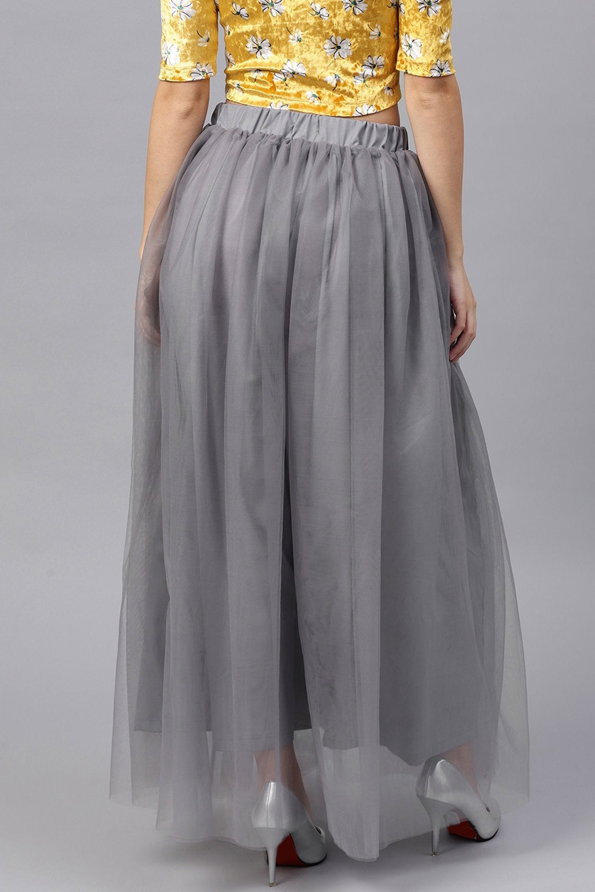 Women's Grey Mesh Flared Maxi Skirt - SASSAFRAS