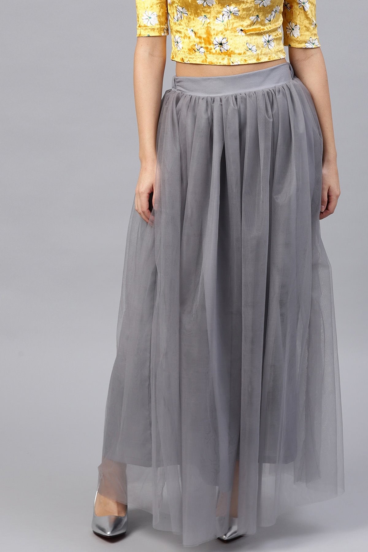 Women's Grey Mesh Flared Maxi Skirt - SASSAFRAS