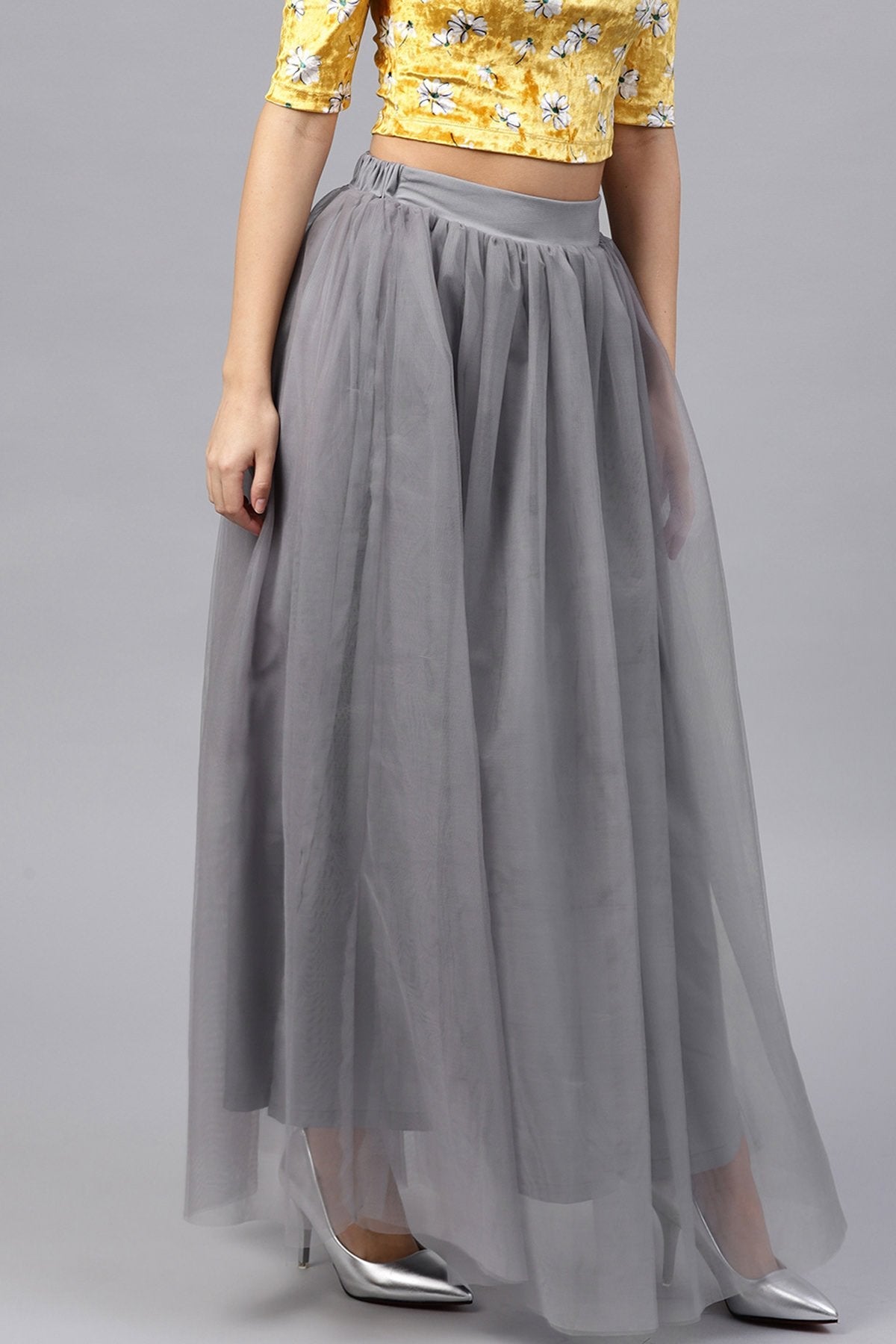 Women's Grey Mesh Flared Maxi Skirt - SASSAFRAS