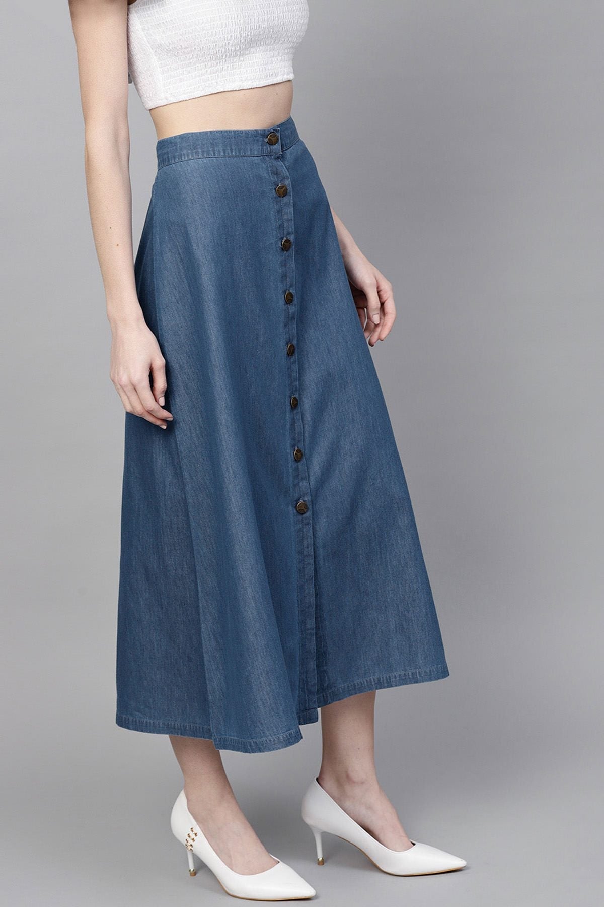 Women's Blue Denim Longline Buttoned Skirt - SASSAFRAS