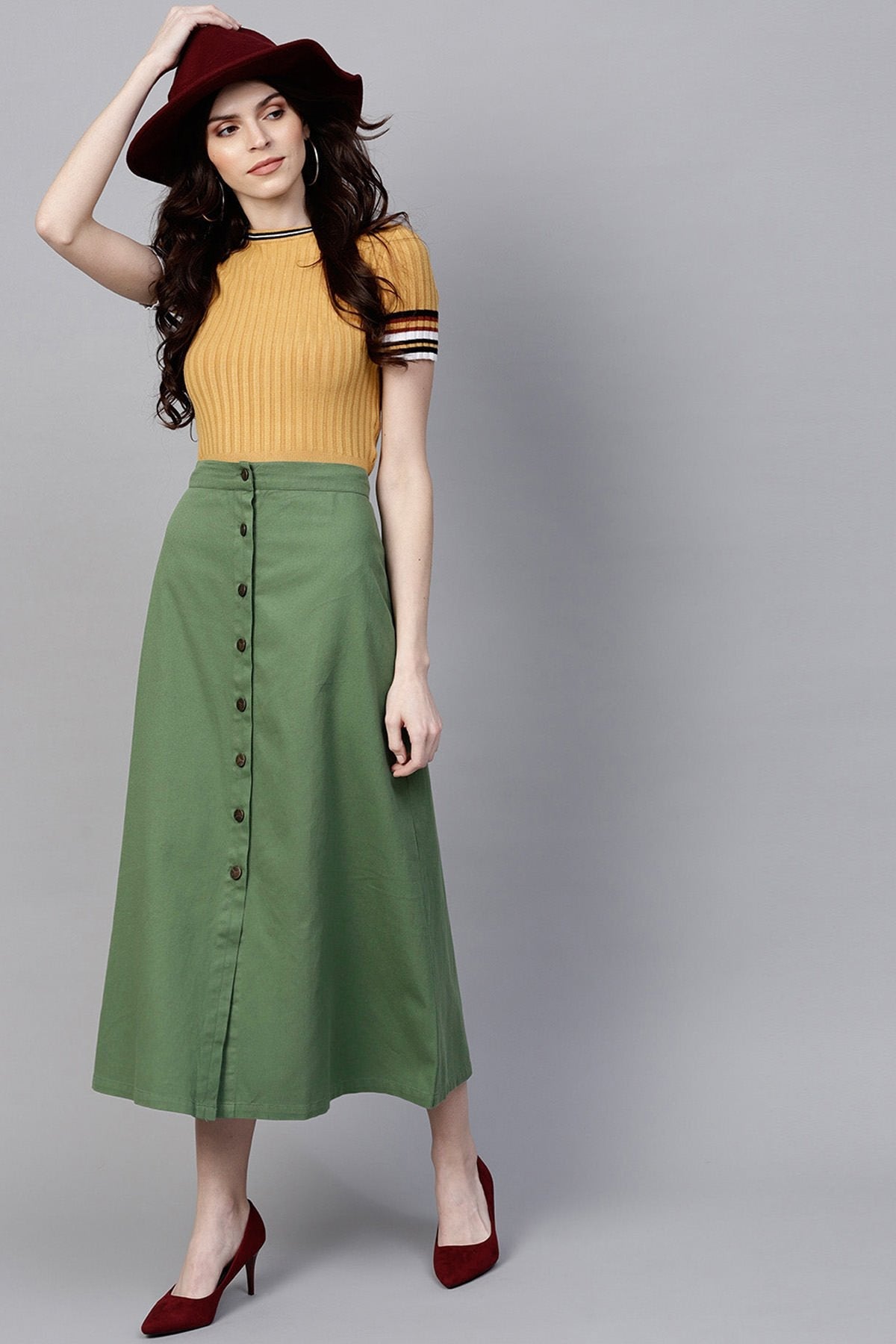 Women's Olive Denim Longline Buttoned Skirt - SASSAFRAS