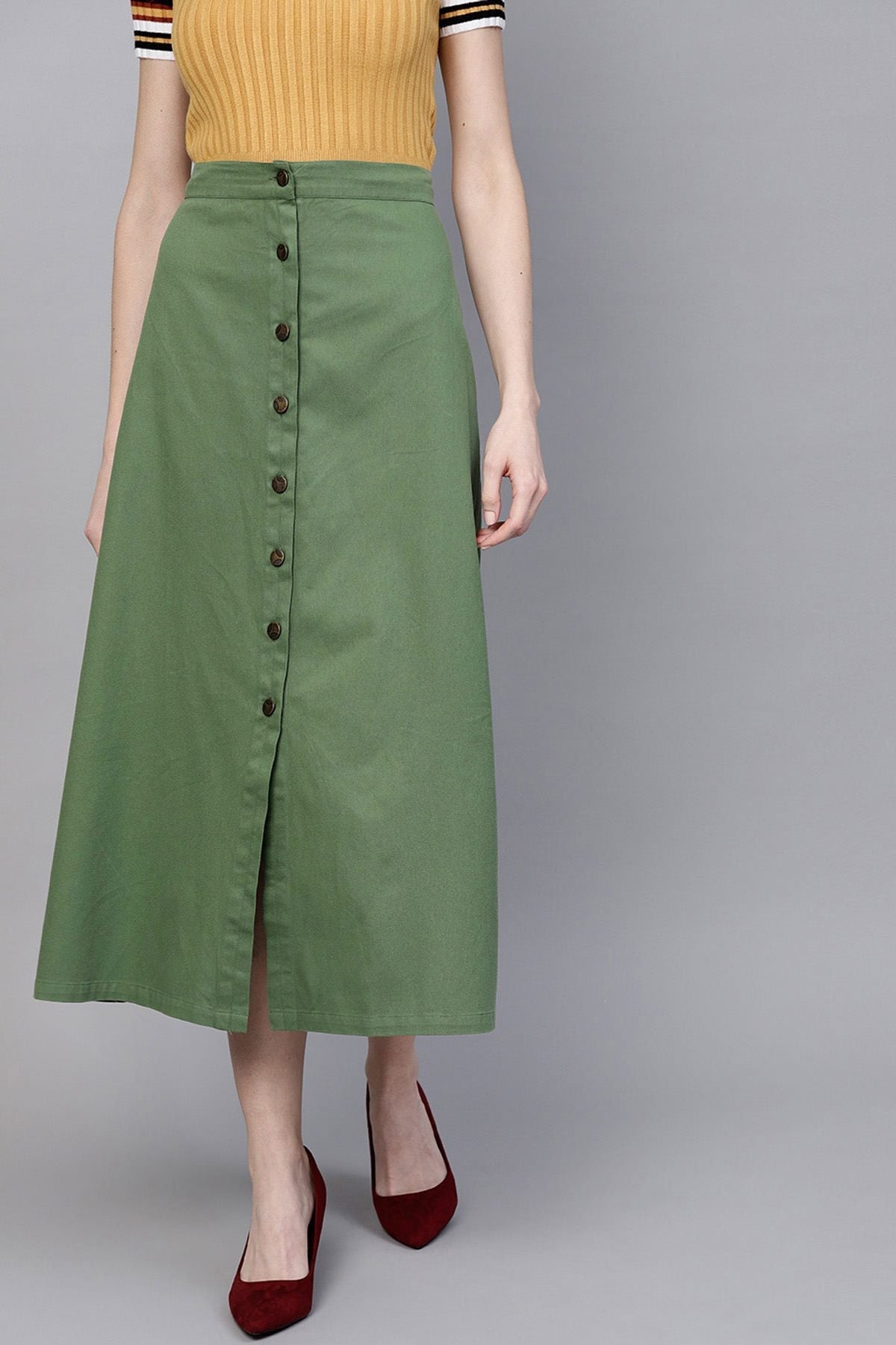 Women's Olive Denim Longline Buttoned Skirt - SASSAFRAS