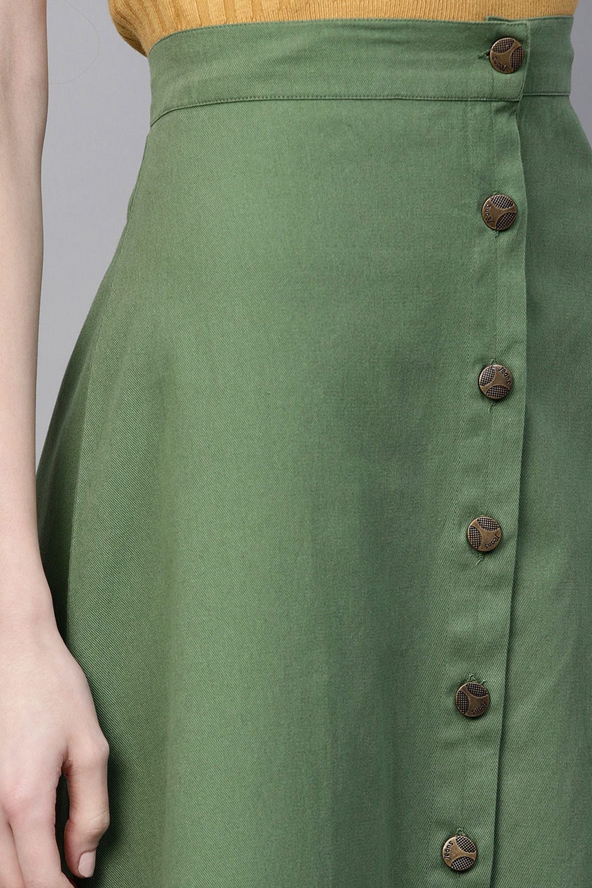 Women's Olive Denim Longline Buttoned Skirt - SASSAFRAS