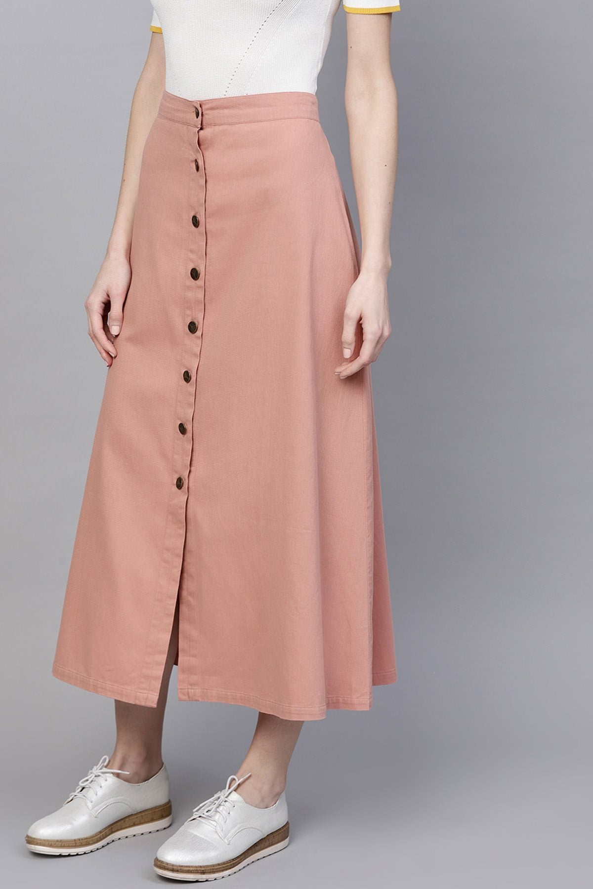 Women's Pink Denim Longline Buttoned Skirt - SASSAFRAS
