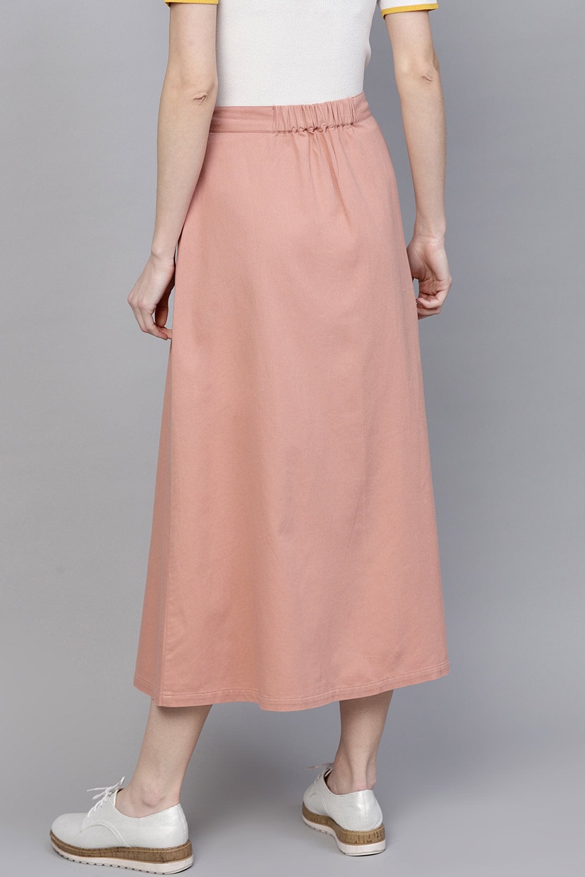 Women's Pink Denim Longline Buttoned Skirt - SASSAFRAS