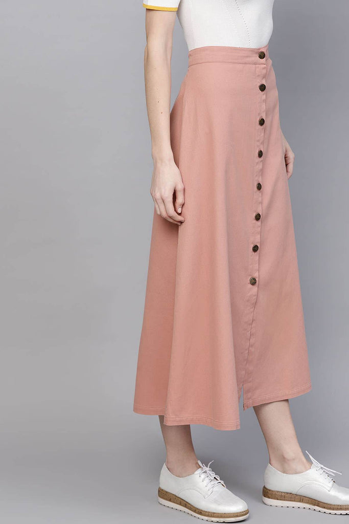 Women's Pink Denim Longline Buttoned Skirt