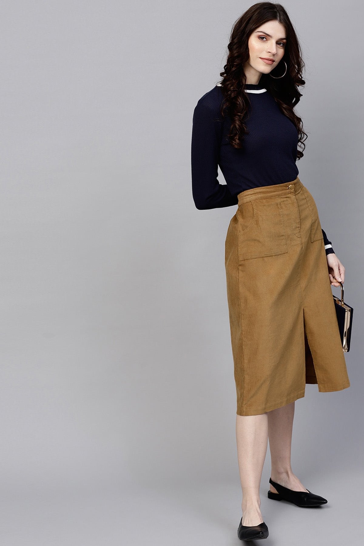 Women's Brown Front Slit Corduroy Midi Skirt - SASSAFRAS