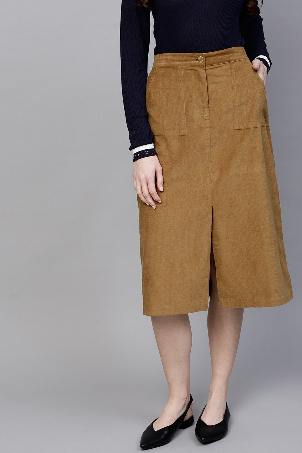 Women's Brown Front Slit Corduroy Midi Skirt - SASSAFRAS