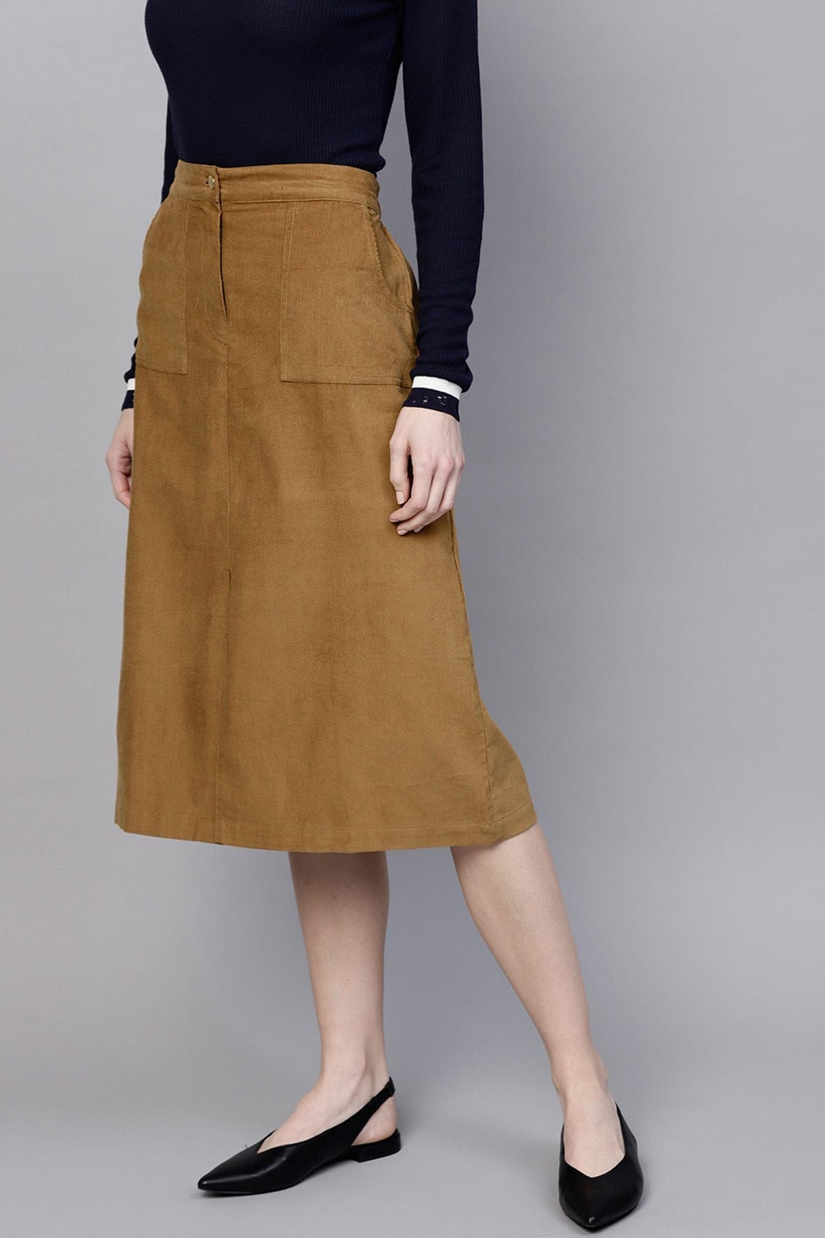 Women's Brown Front Slit Corduroy Midi Skirt - SASSAFRAS