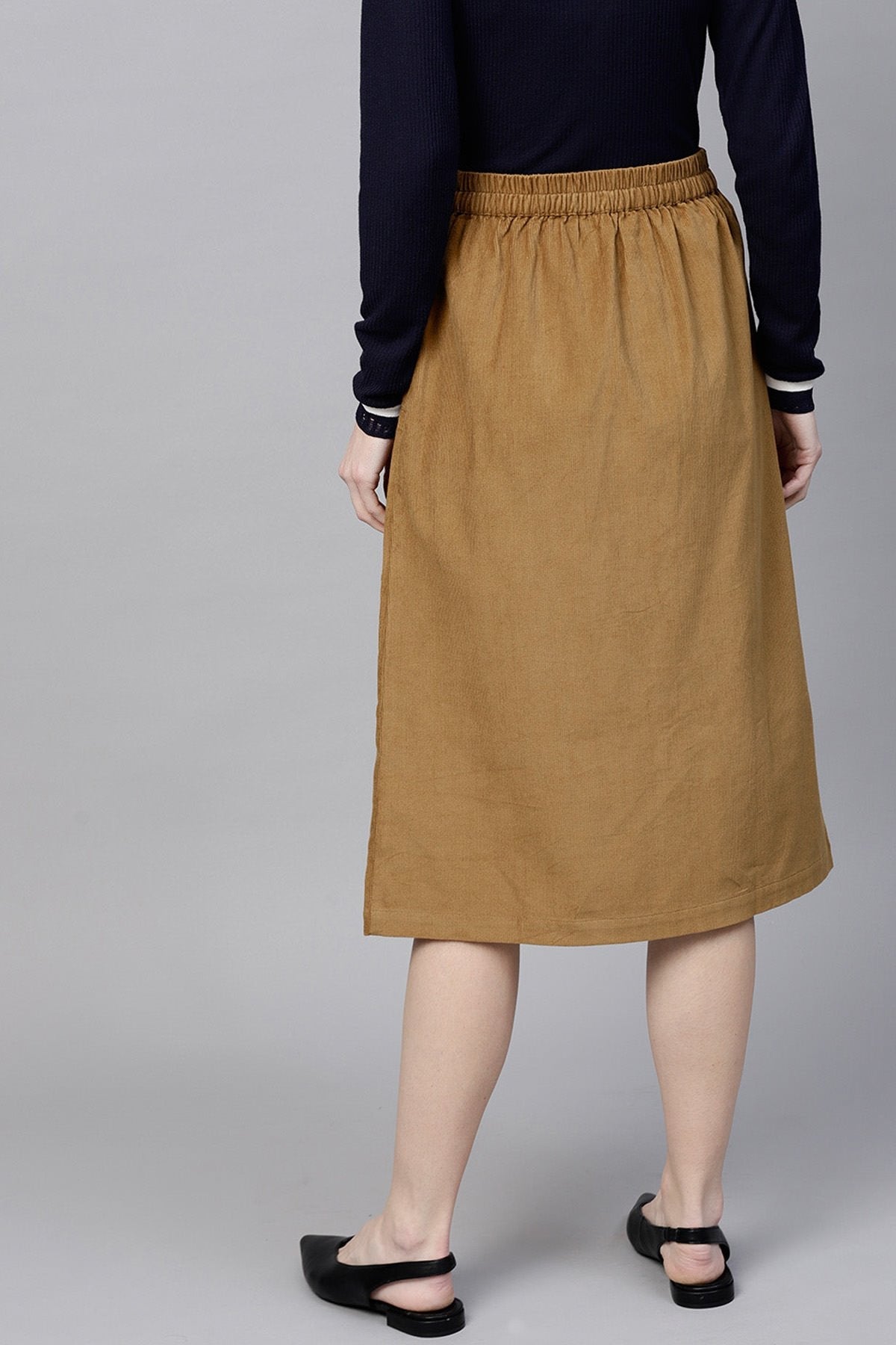 Women's Brown Front Slit Corduroy Midi Skirt - SASSAFRAS