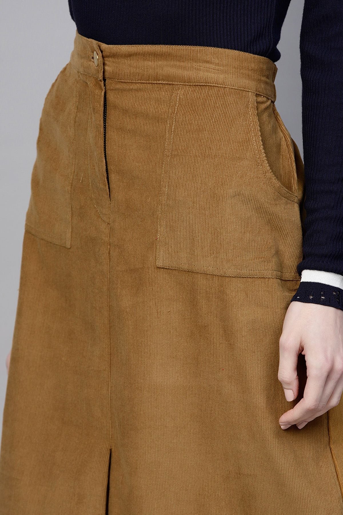 Women's Brown Front Slit Corduroy Midi Skirt - SASSAFRAS