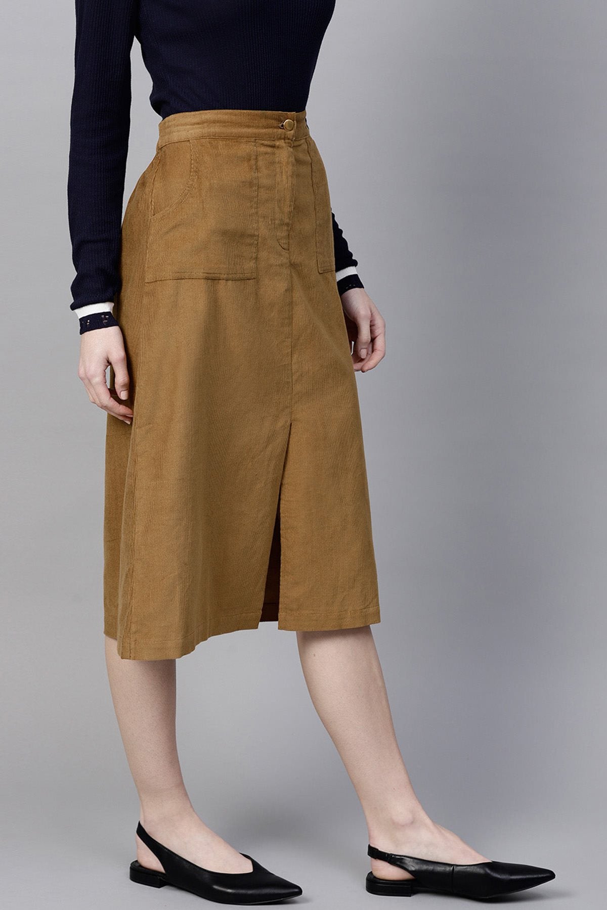 Women's Brown Front Slit Corduroy Midi Skirt - SASSAFRAS