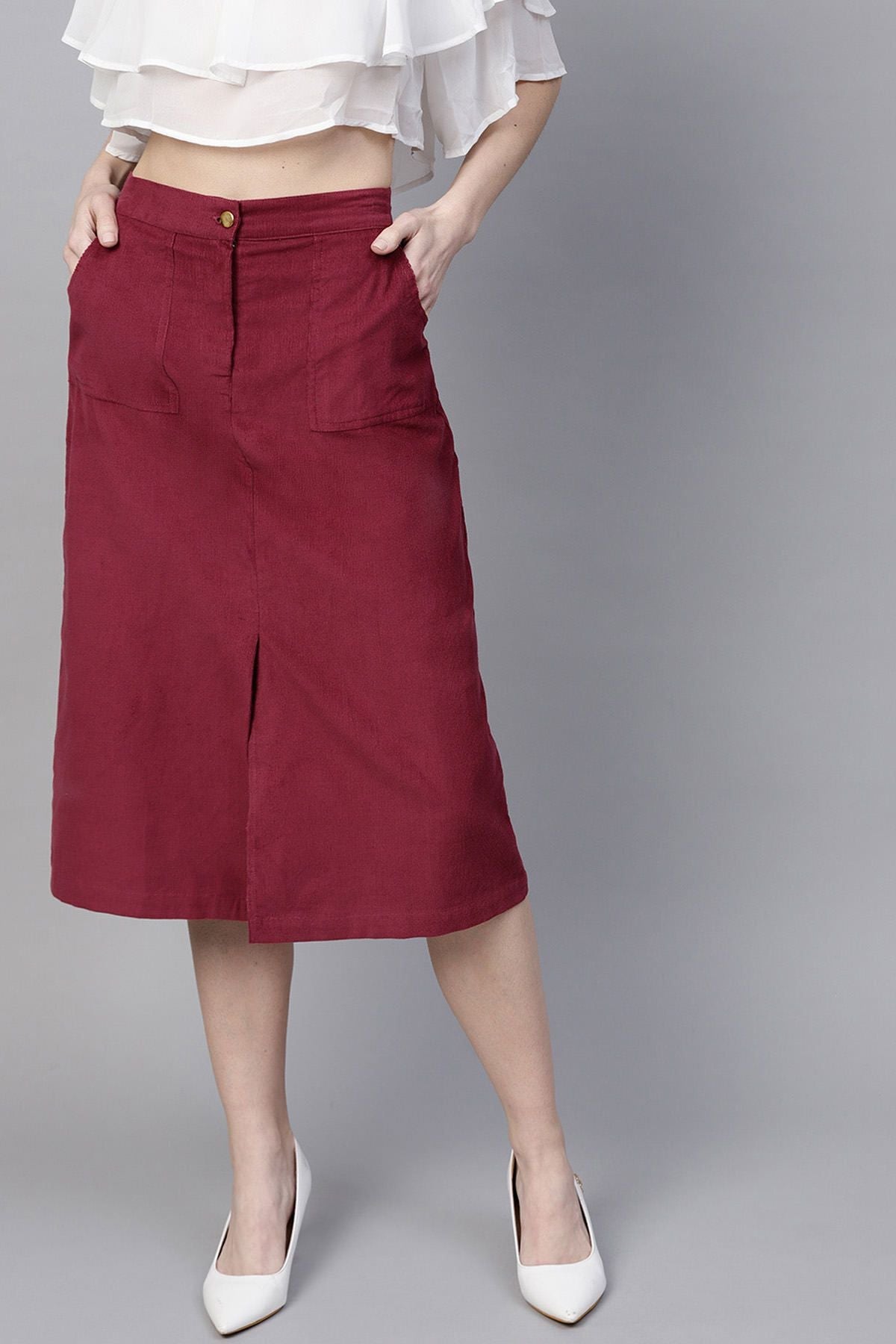 Women's Maroon Front Slit Corduroy Midi Skirt - SASSAFRAS