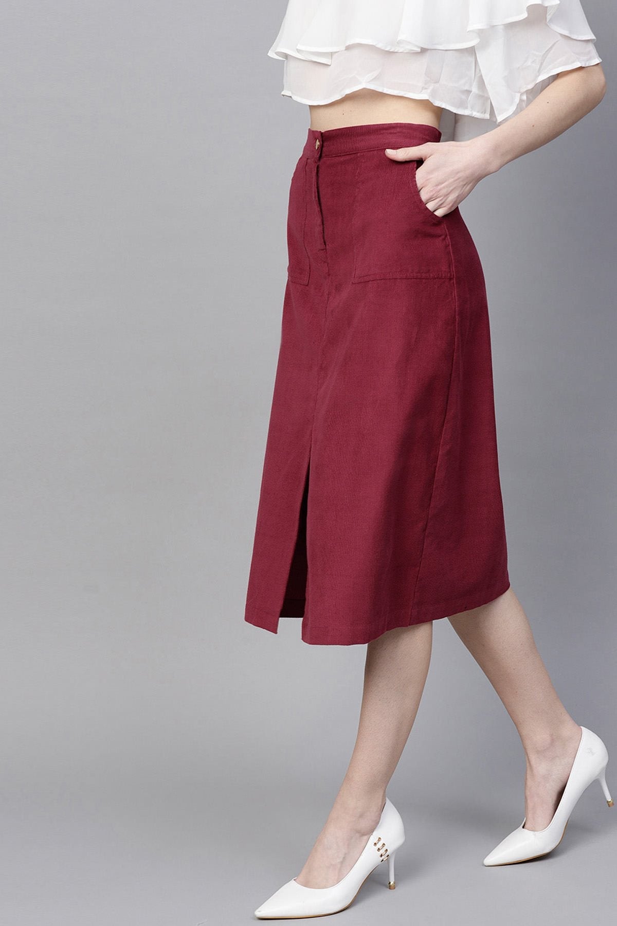 Women's Maroon Front Slit Corduroy Midi Skirt - SASSAFRAS