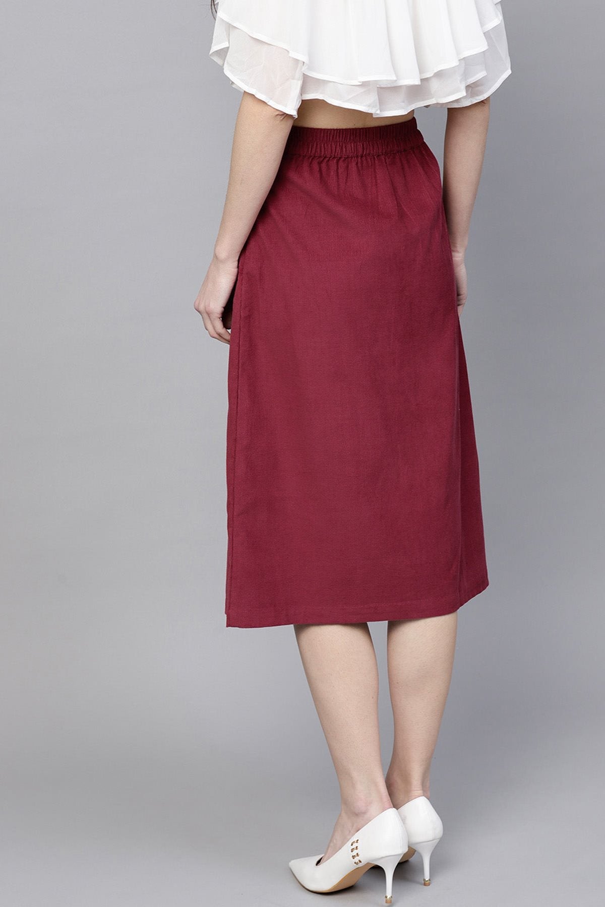 Women's Maroon Front Slit Corduroy Midi Skirt - SASSAFRAS