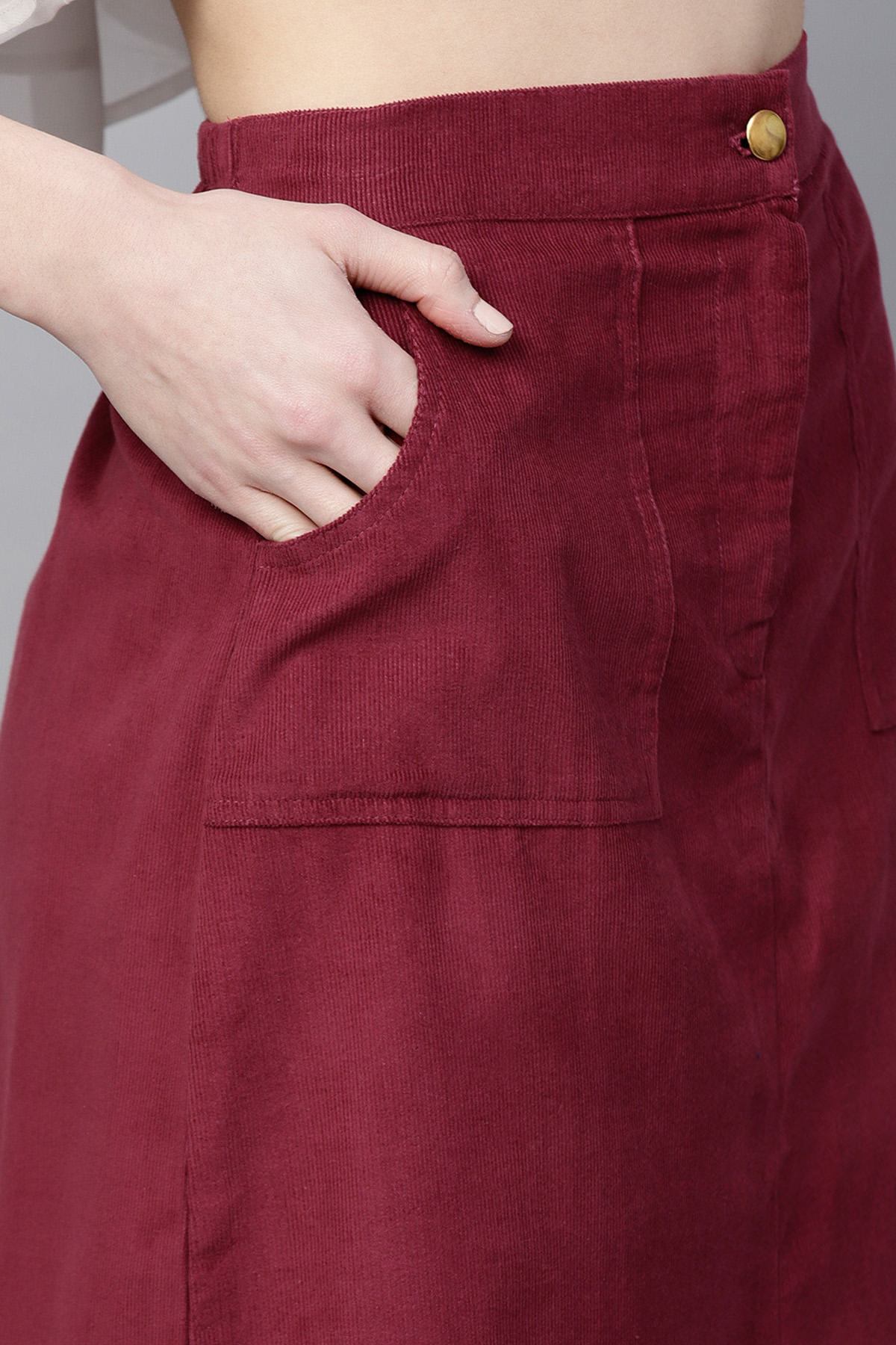 Women's Maroon Front Slit Corduroy Midi Skirt - SASSAFRAS