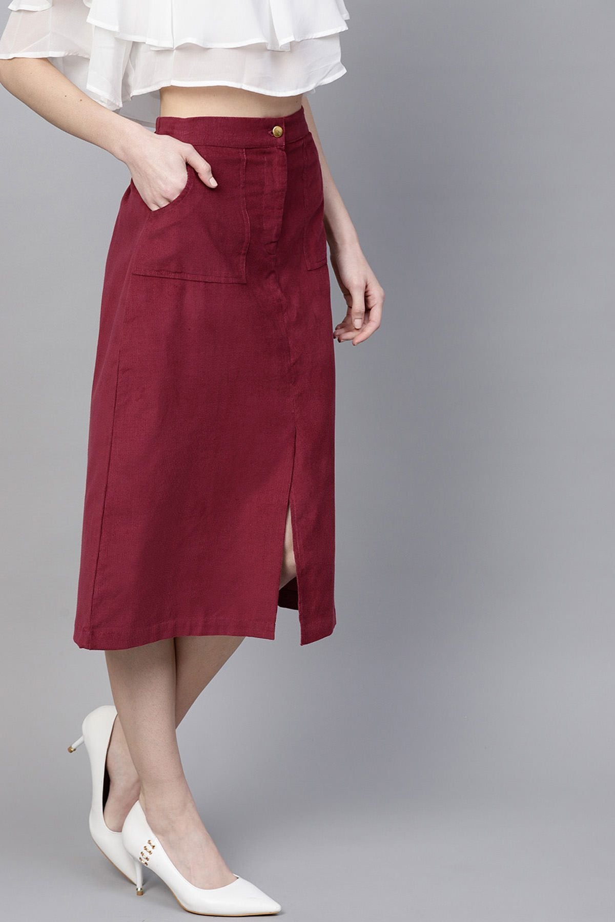 Women's Maroon Front Slit Corduroy Midi Skirt - SASSAFRAS