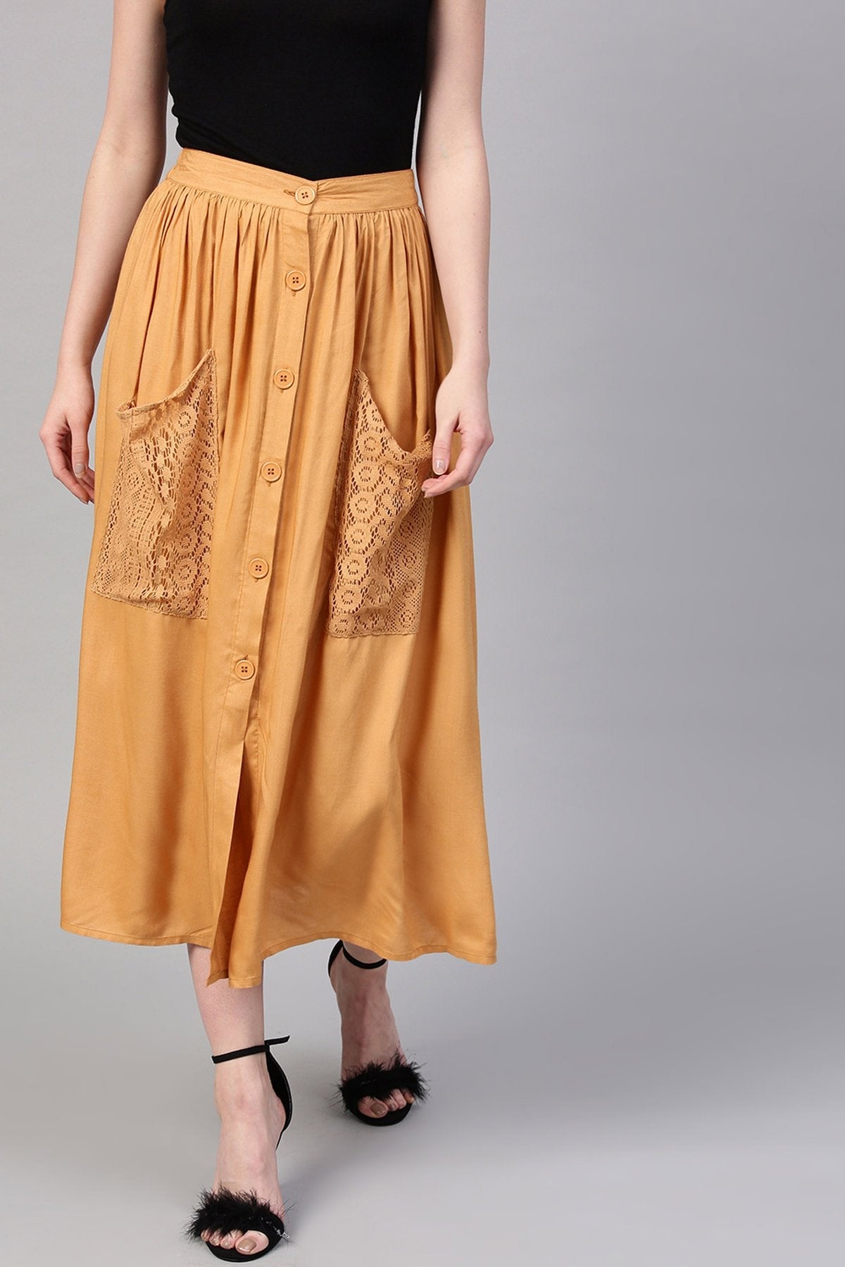 Women's Brown A-Line Lace Pockets Skirt - SASSAFRAS