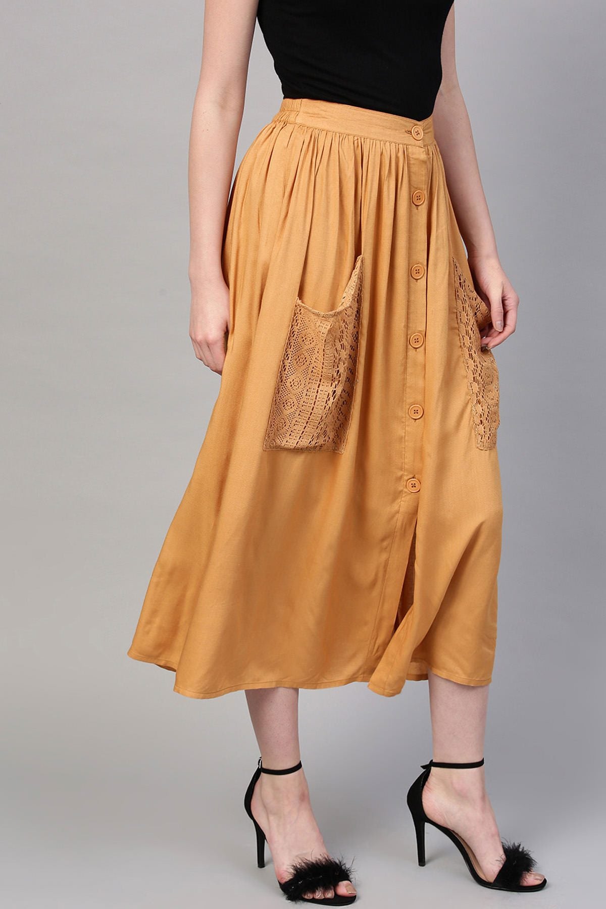 Women's Brown A-Line Lace Pockets Skirt - SASSAFRAS