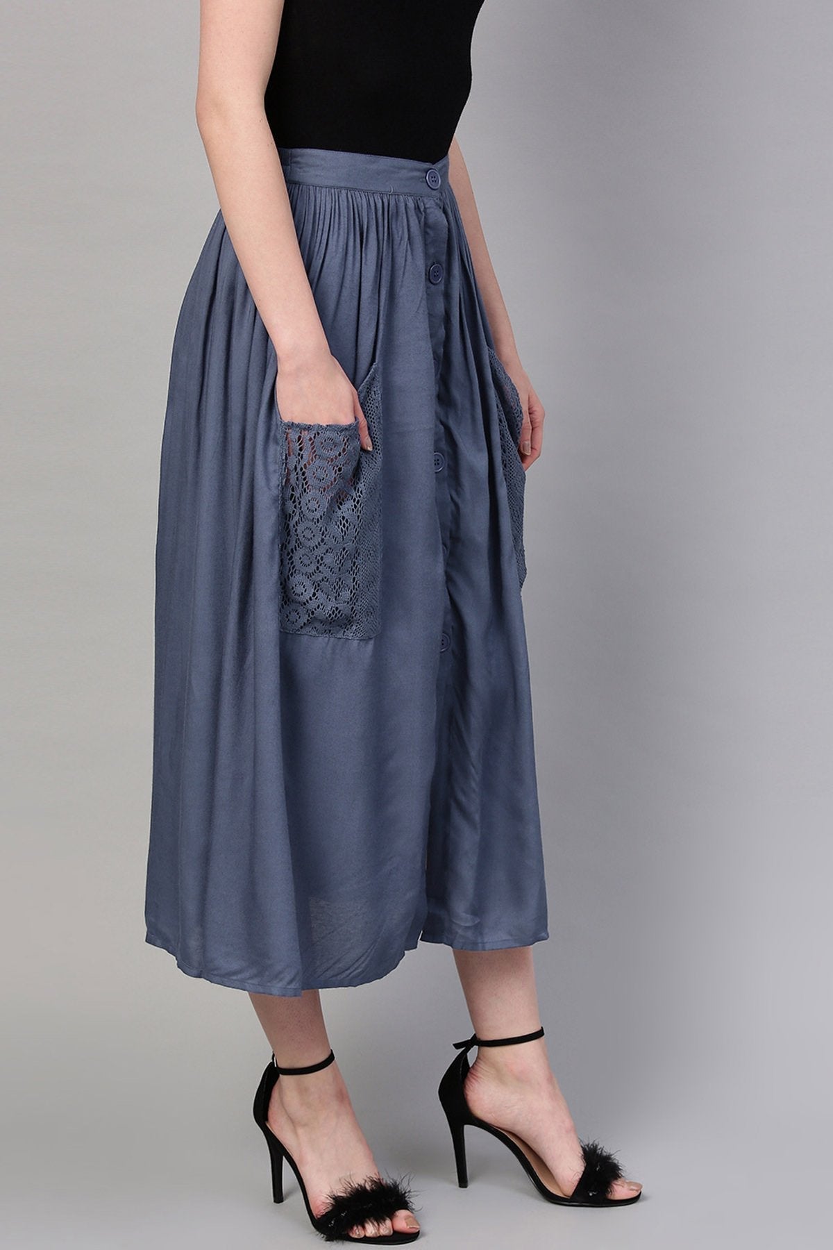 Women's Indigo A-Line Lace Pockets Skirt - SASSAFRAS