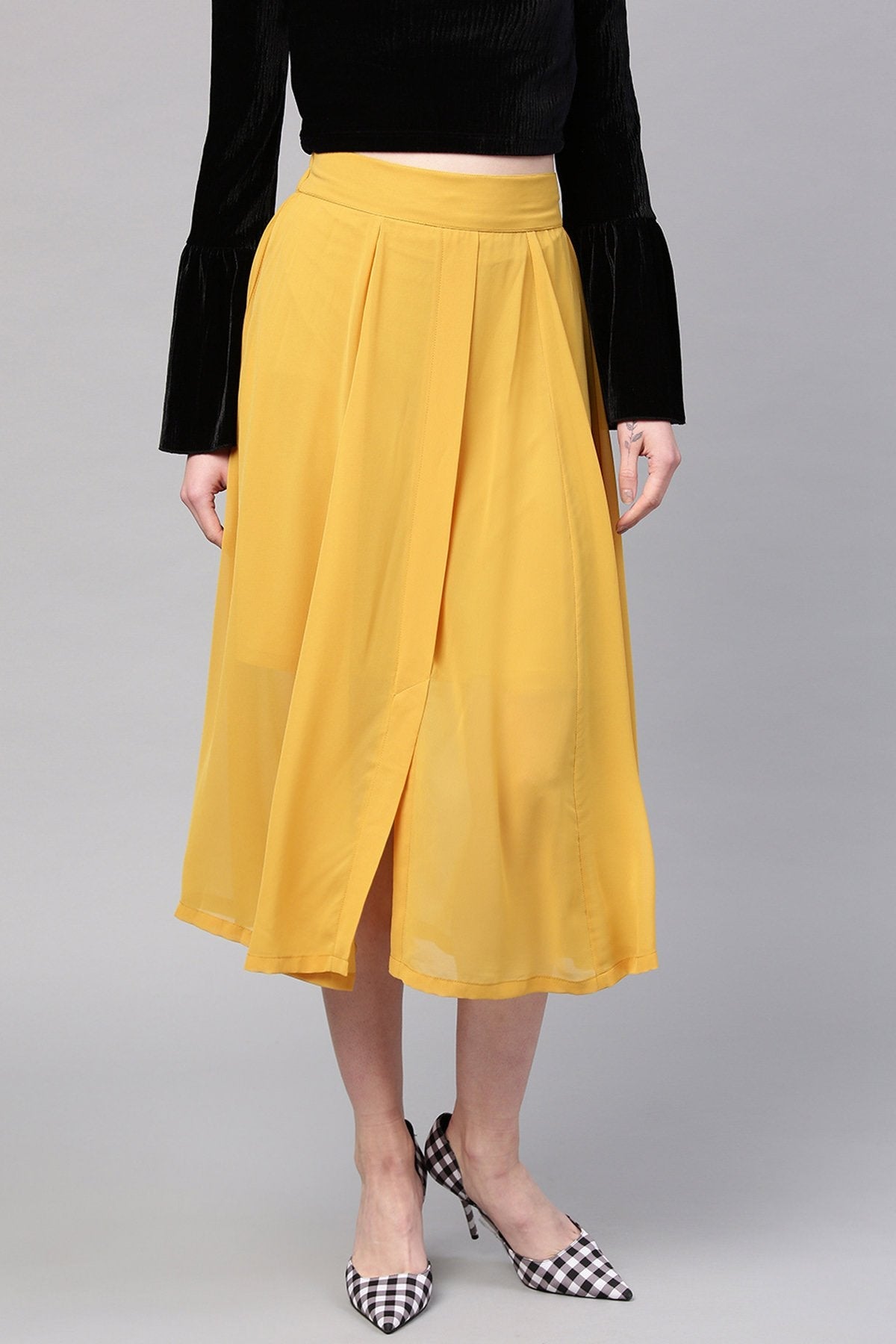 Women's Mustard A-Line Front Slit Skirt - SASSAFRAS